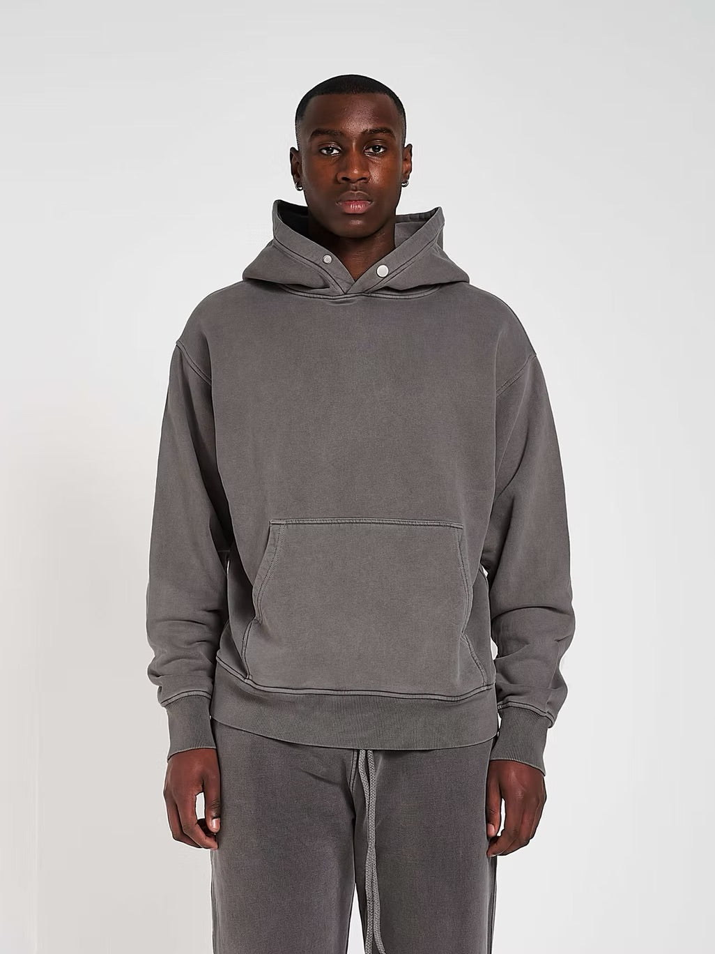 Model view of Kaizen Market Blank Heavyweight Washed Vintage Wash Faded Charcoal Hoodie