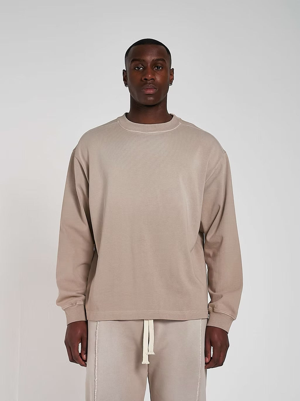 Model view of Kaizen Market Heavyweight Fade Out Mocha Longsleeve T-shirt
