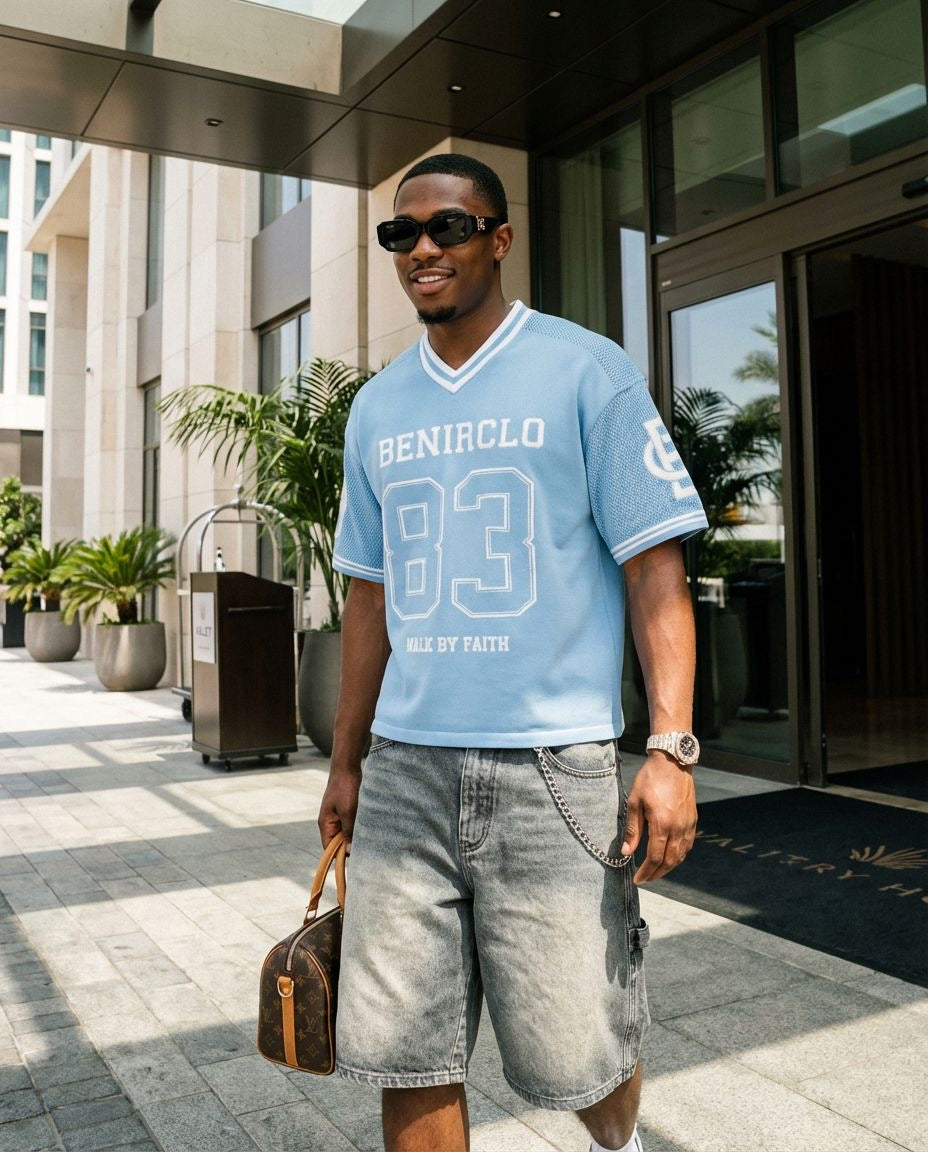 Model view of Benir Clothing God's Timing 83 Knit Light Blue T-shirts