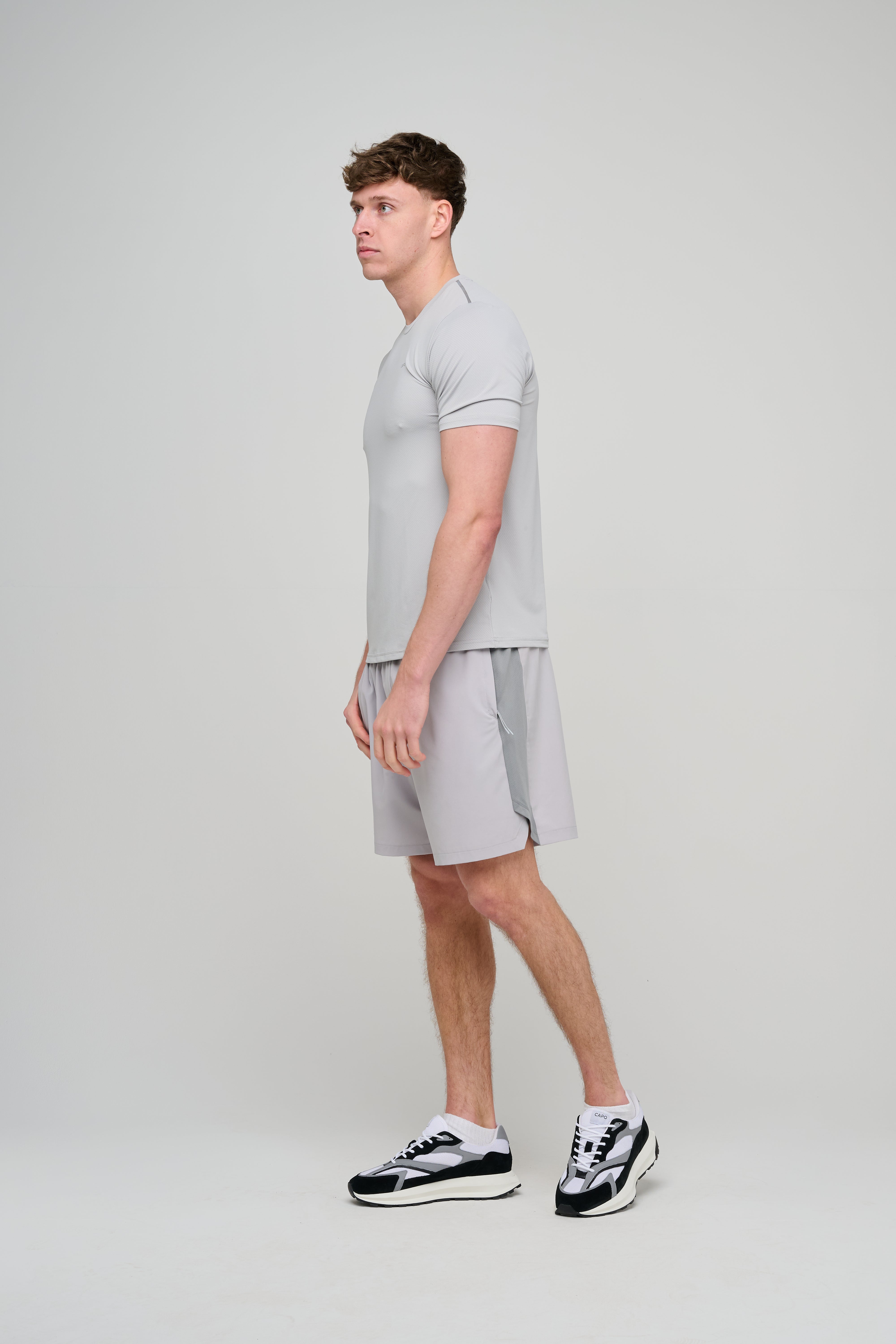 Model view of CAPO Active Performance Light Grey Shorts