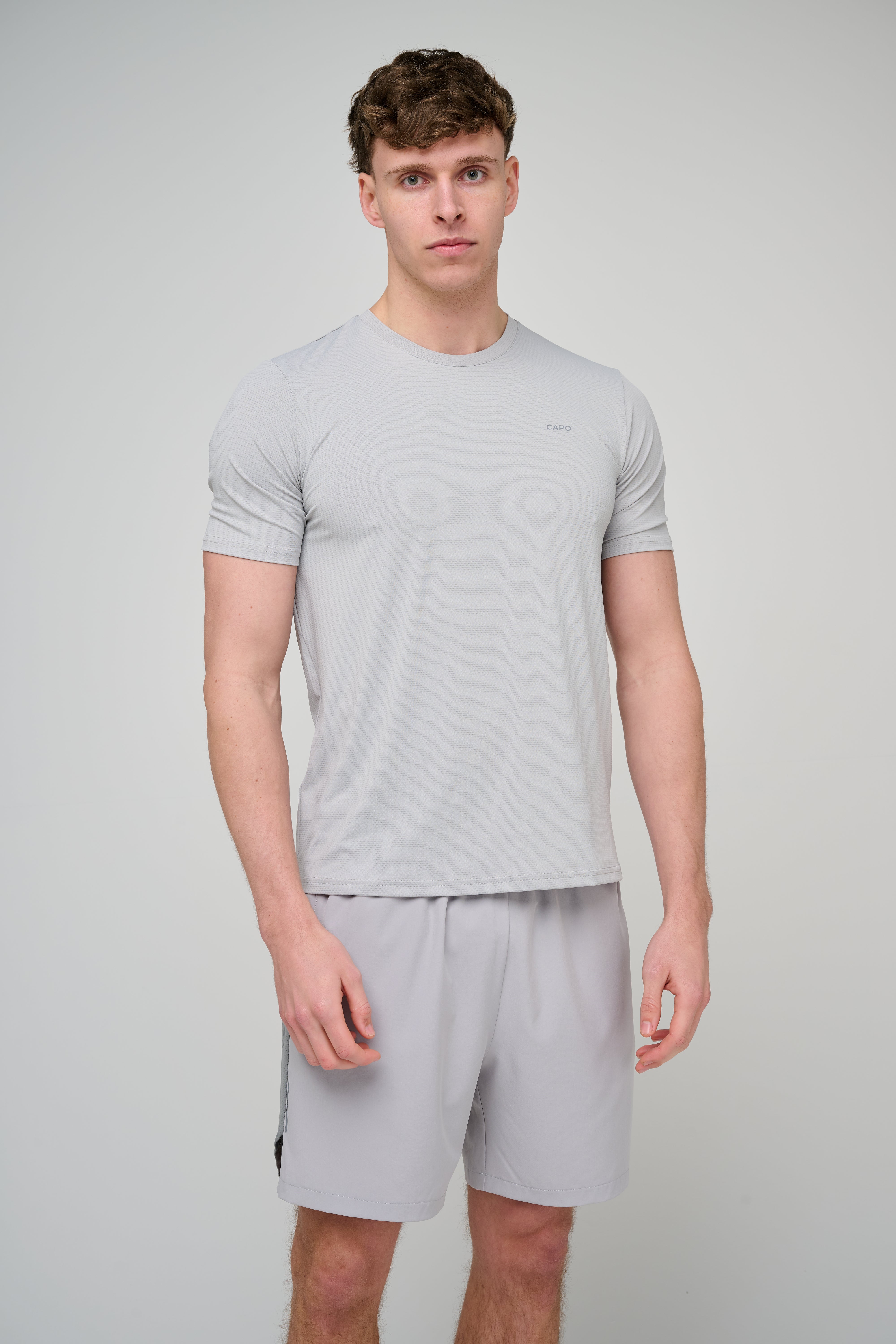 Model view of CAPO Active Performance Light Grey Shorts
