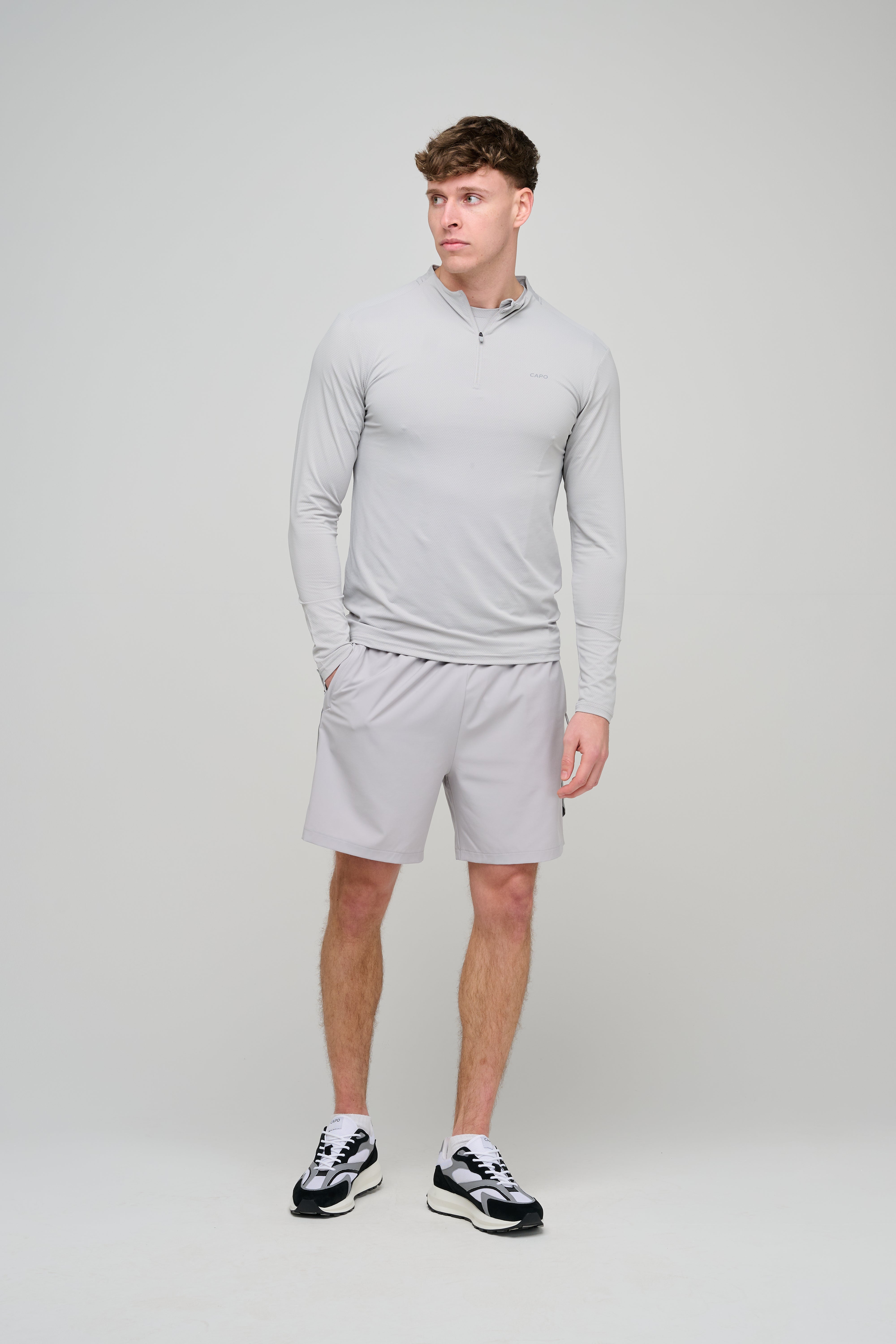 Model view of CAPO Active Performance Light Grey Shorts