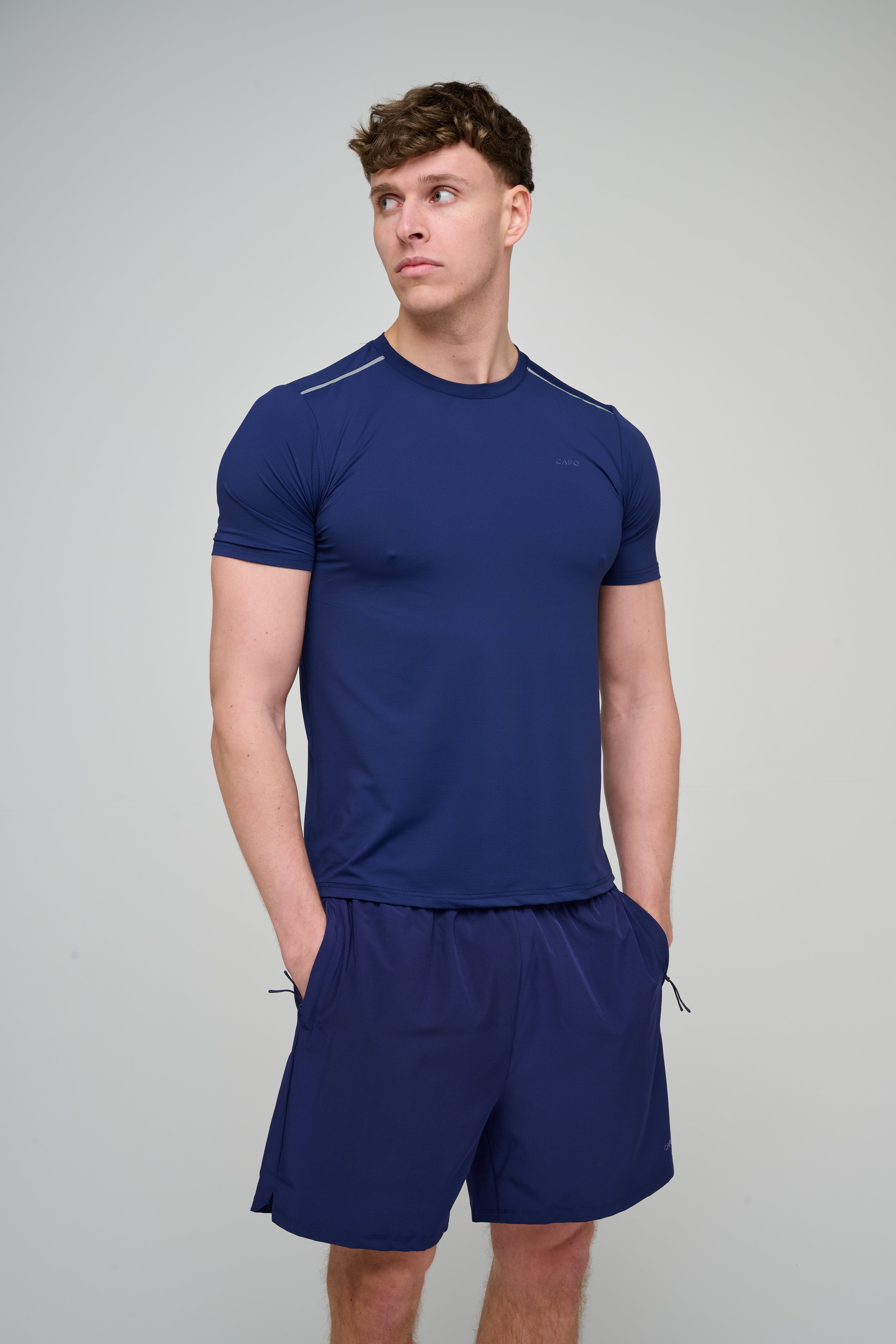 Model view of CAPO Active Core Navy Shorts