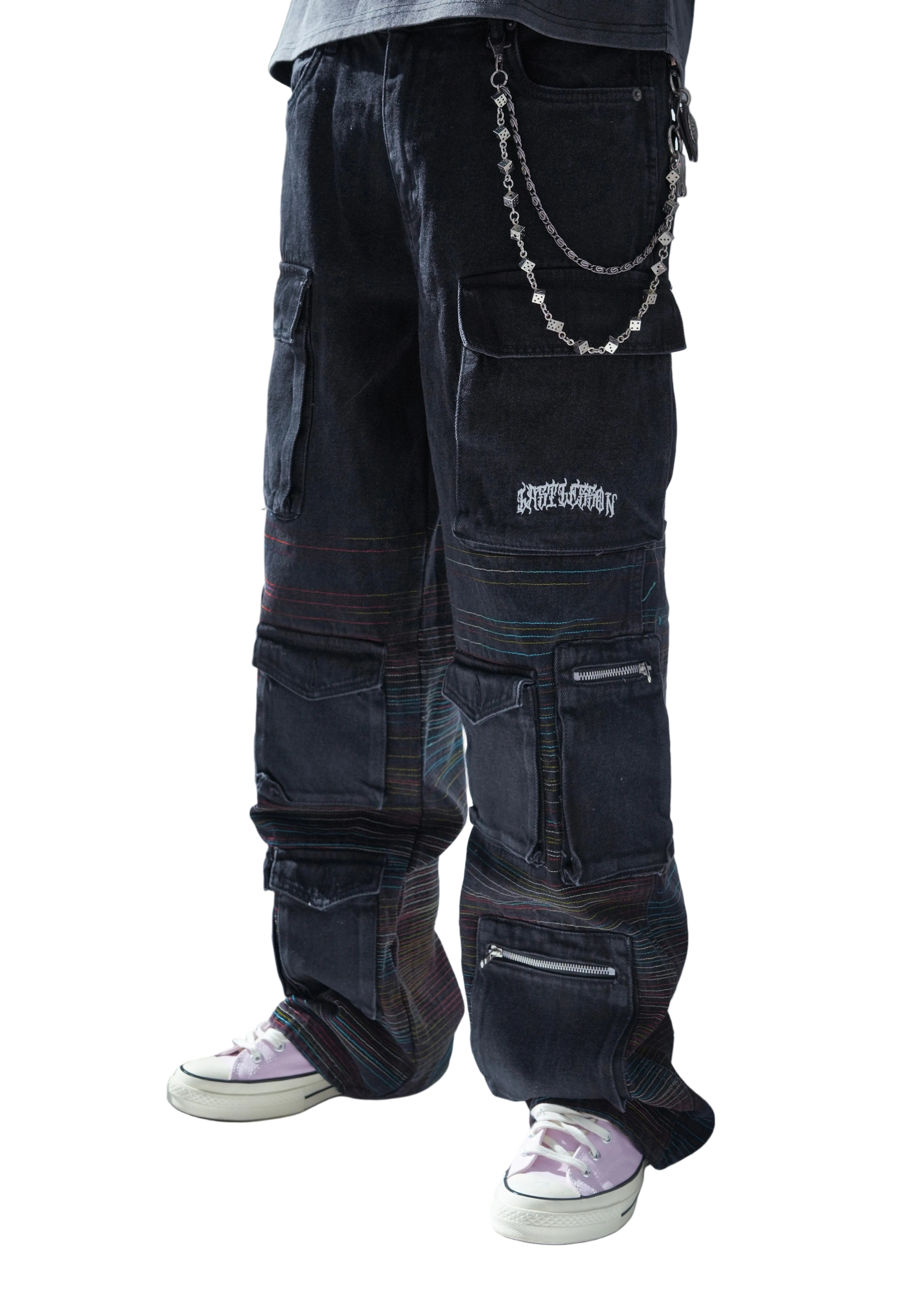 Last Lesson Embroidered Utility Black Cargo Pants