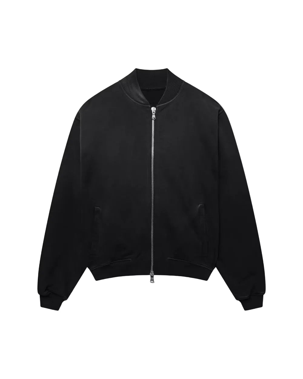 Front view of Kaizen Market Blank Heavyweight Fade Out Black Bomber Jacket