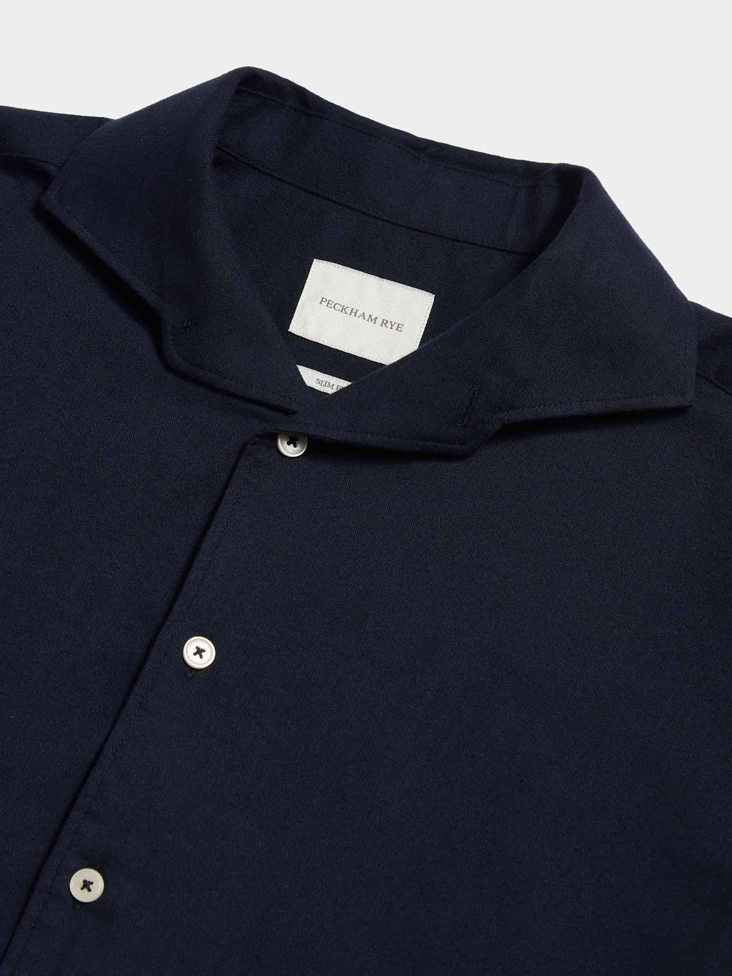 Peckham Rye Herringbone Spread Dark Sapphire Navy Flannel Shirt