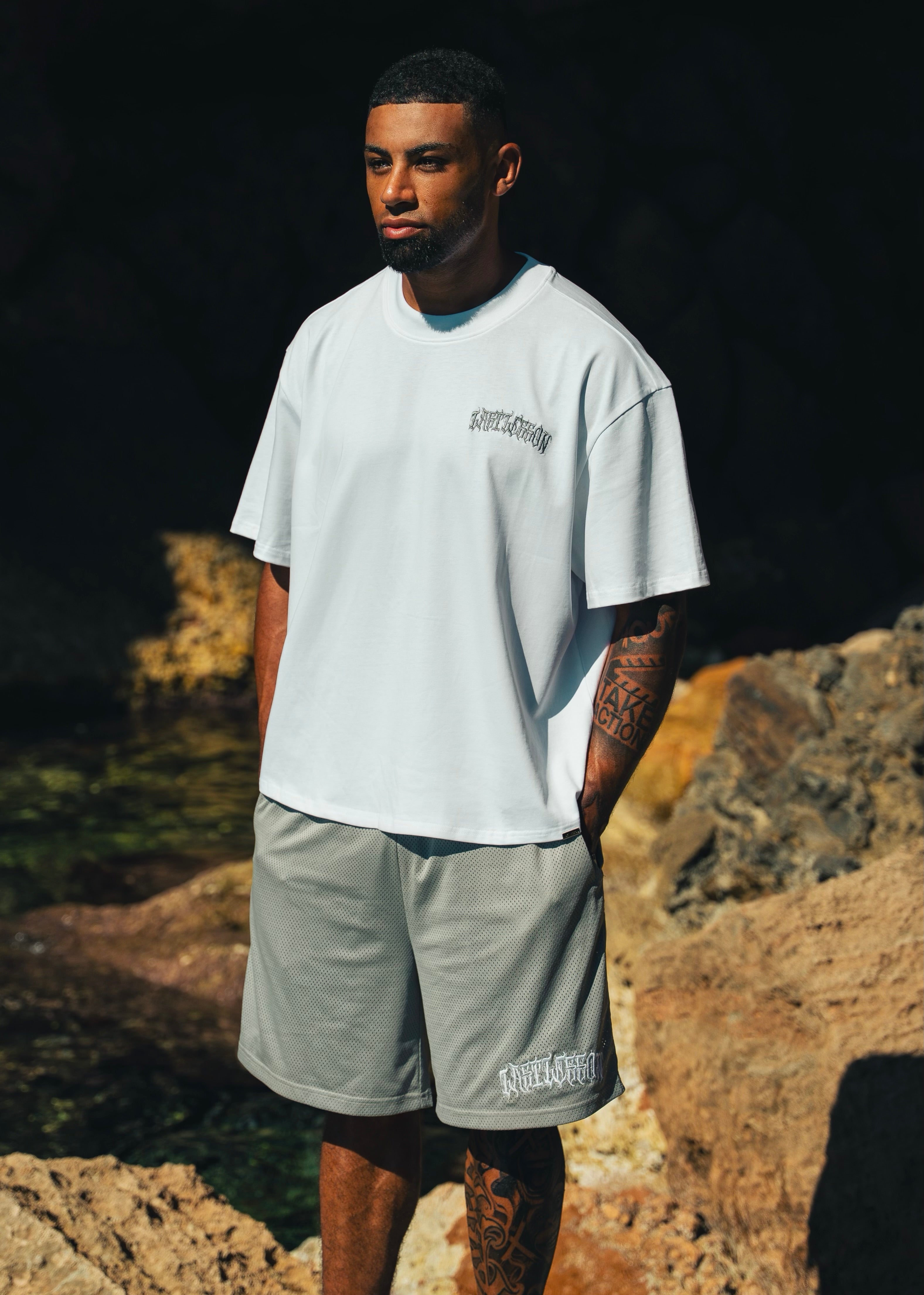 Last Lesson Script Mesh Grey Shorts