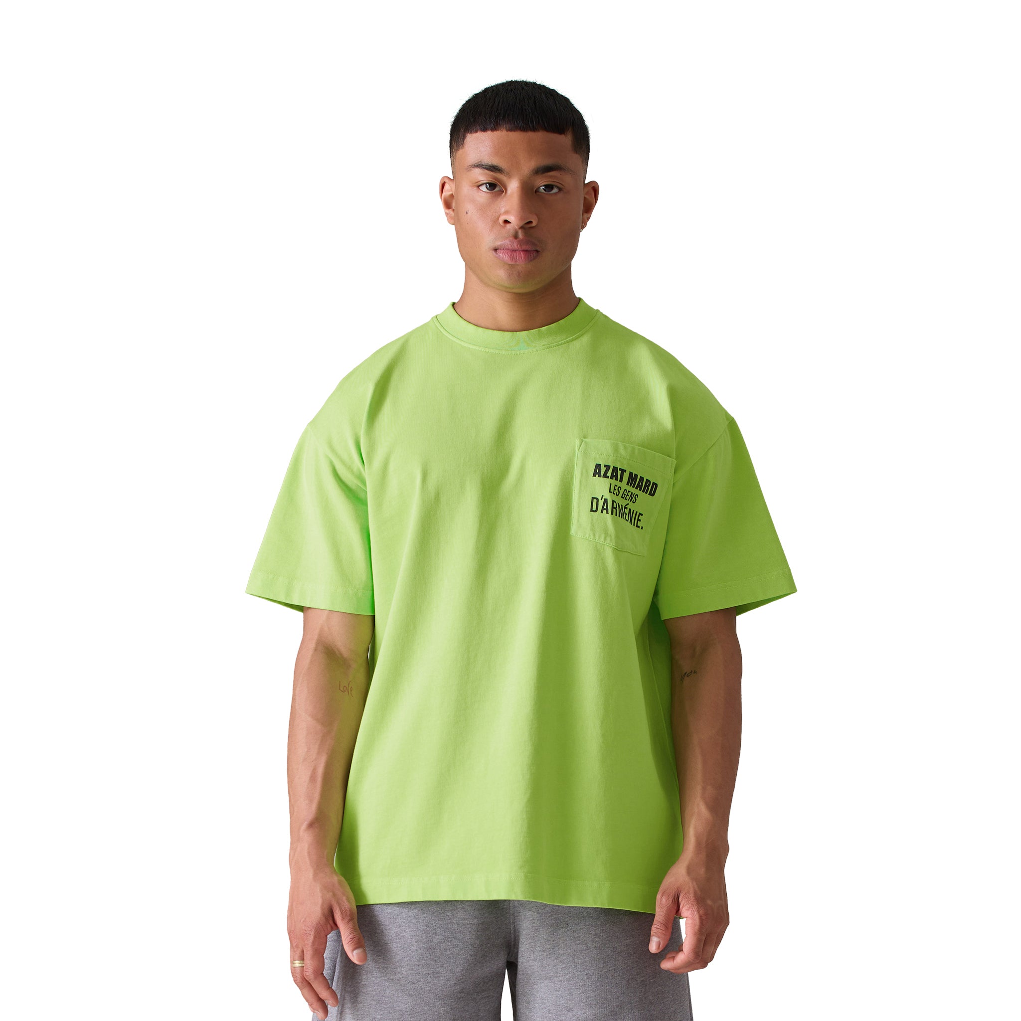 Model front view of Azat Mard Les Gens T Shirt Lime Green SS23090