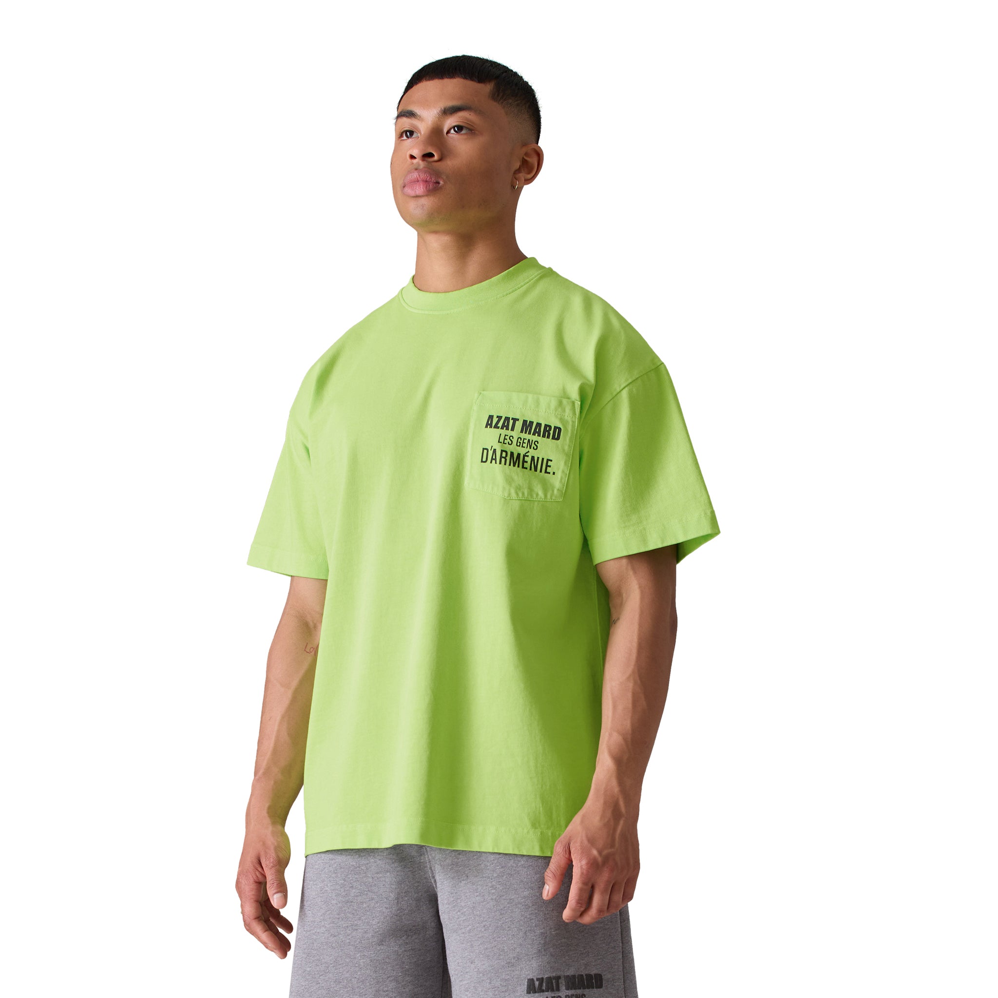 Model front view of Azat Mard Les Gens T Shirt Lime Green SS23090