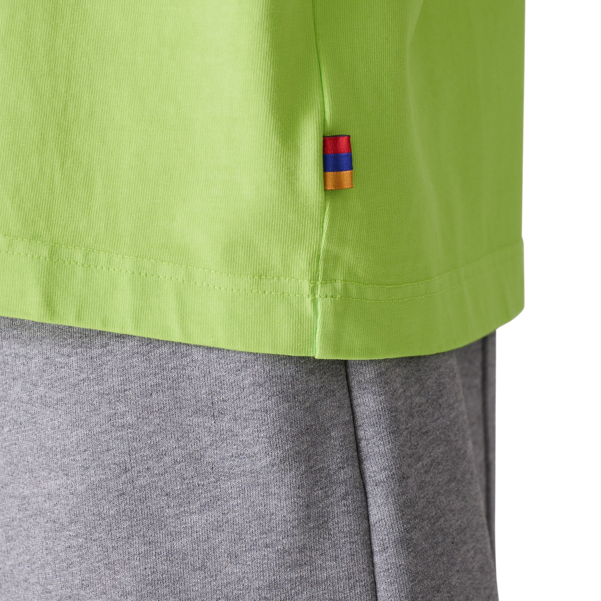Model side view of Azat Mard Les Gens T Shirt Lime Green SS23090