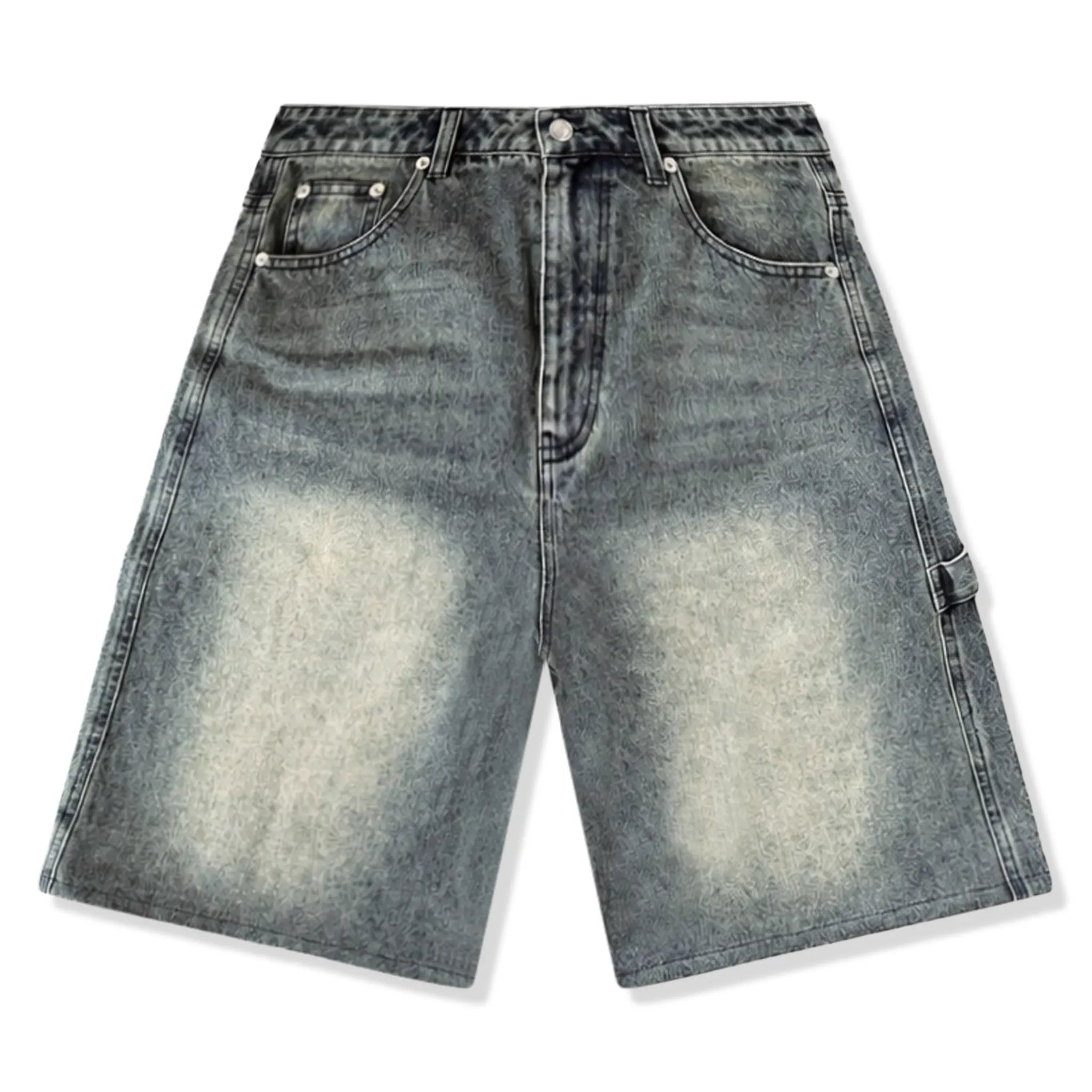 Front View of Bénir Clothing Oversized Rust Blue Denim Shorts
