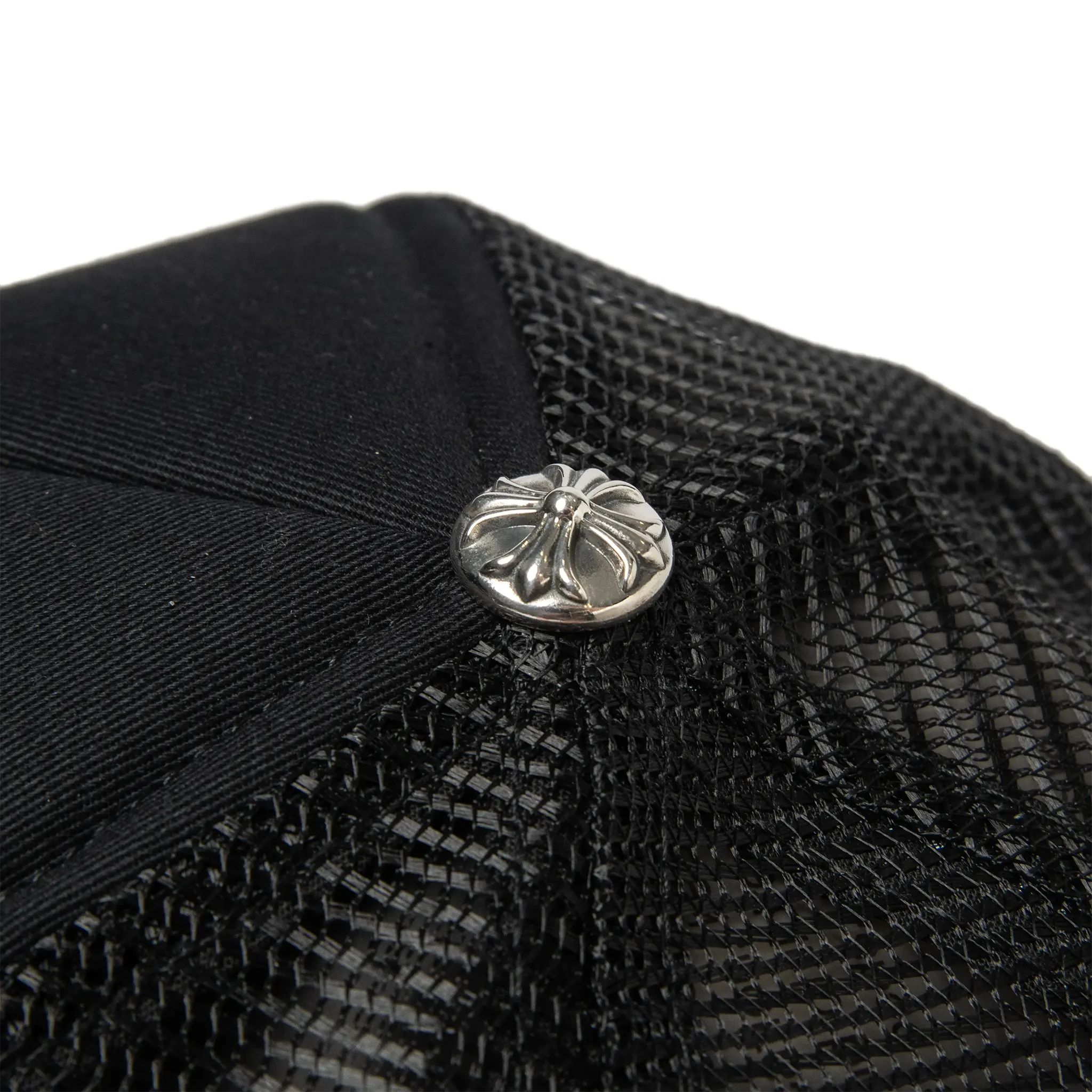 Upper Detailed View Of Chrome Hearts CH London Black Trucker Cap