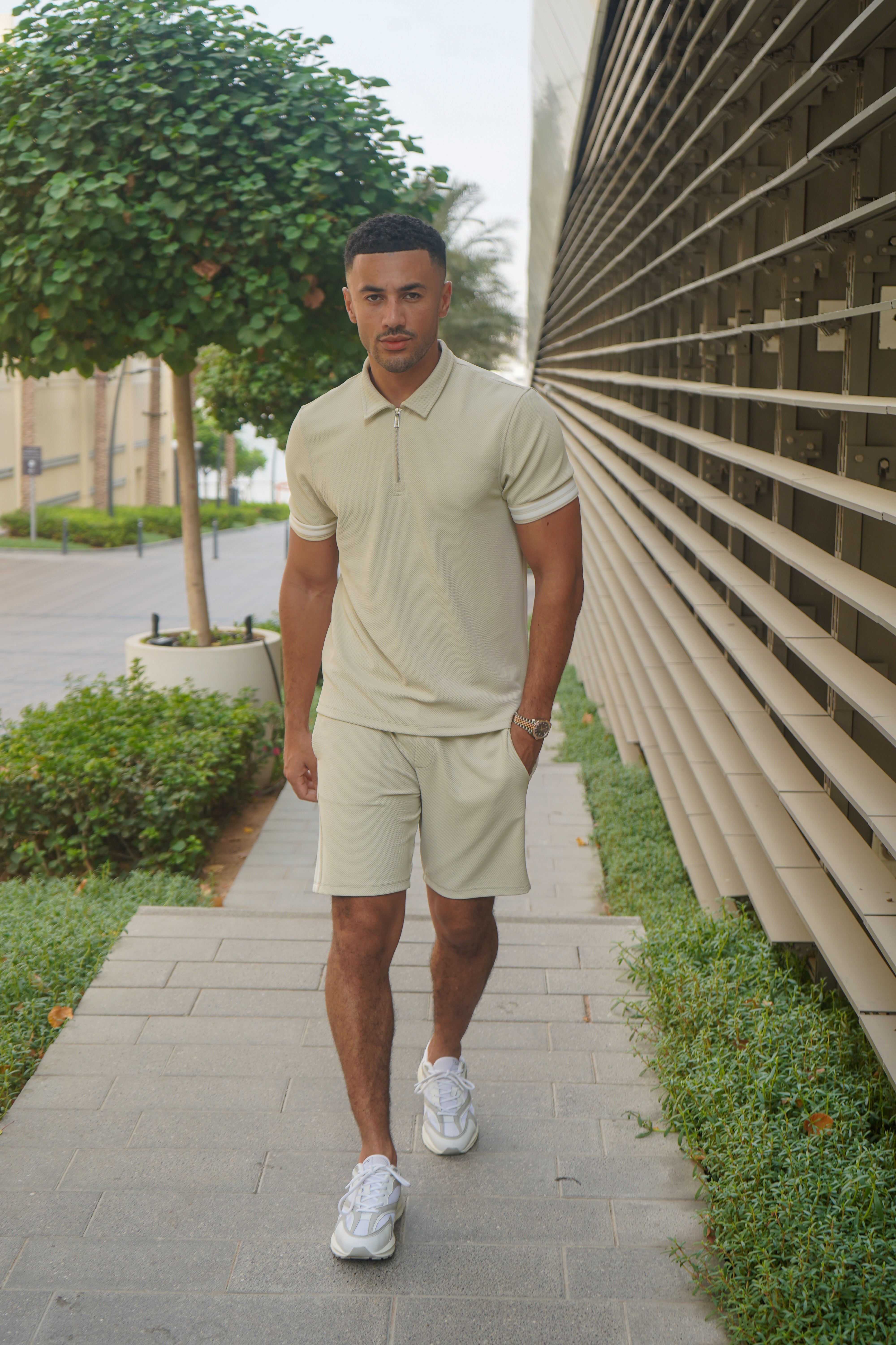 Model view CAPO Textured Tape Light Beige Shorts