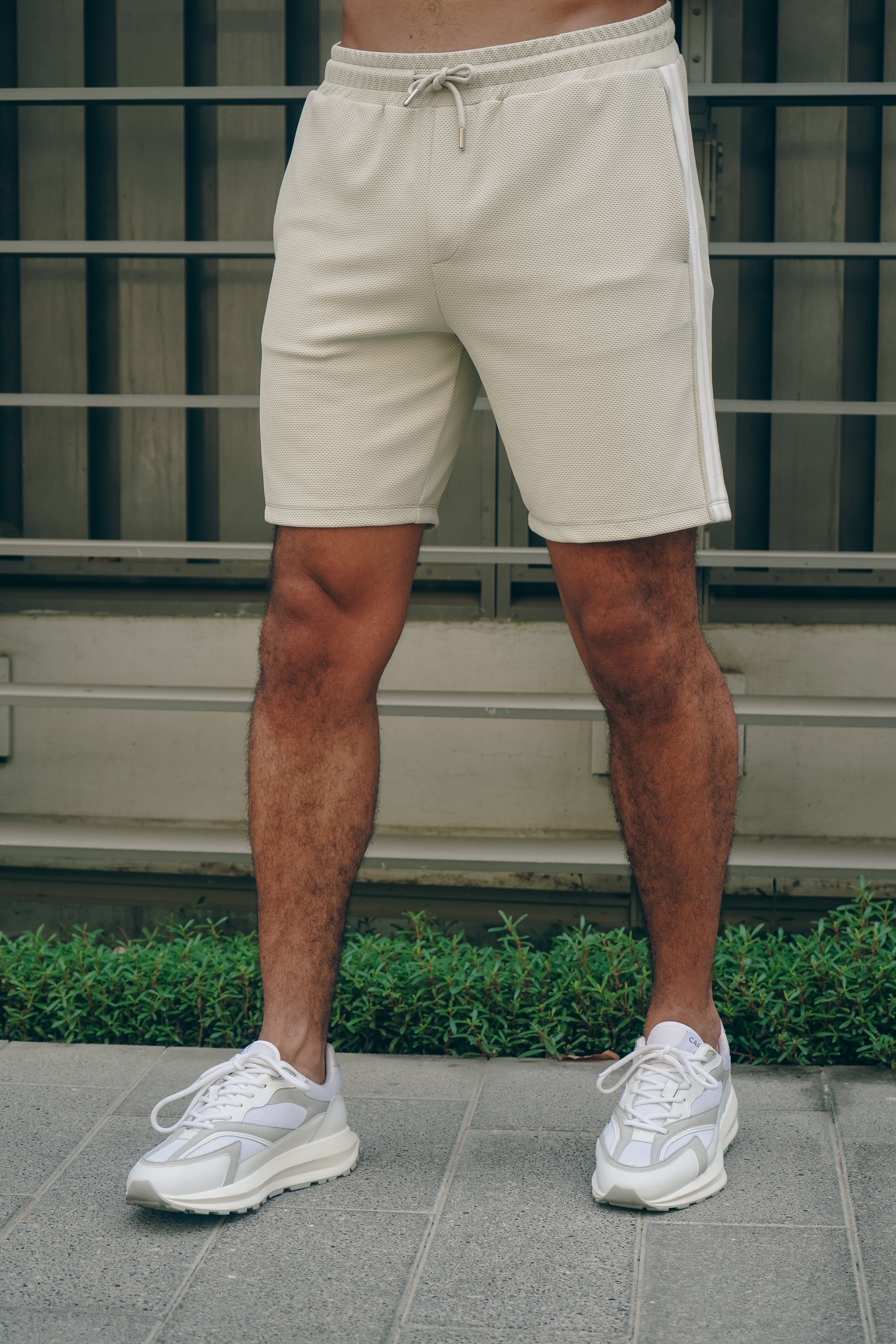 Front view CAPO Textured Tape Light Beige Shorts