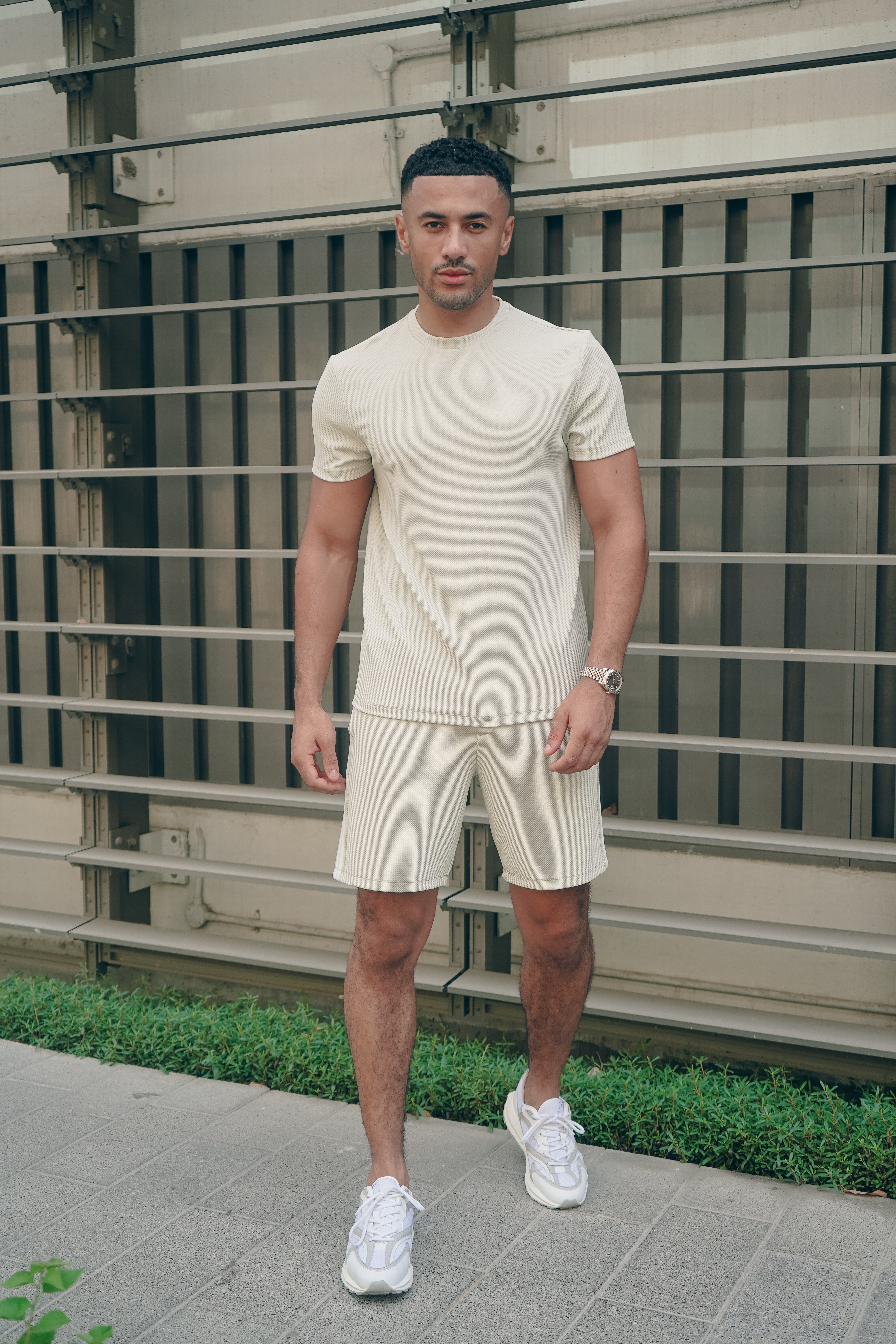 Model view CAPO Textured Tape Light Beige Shorts