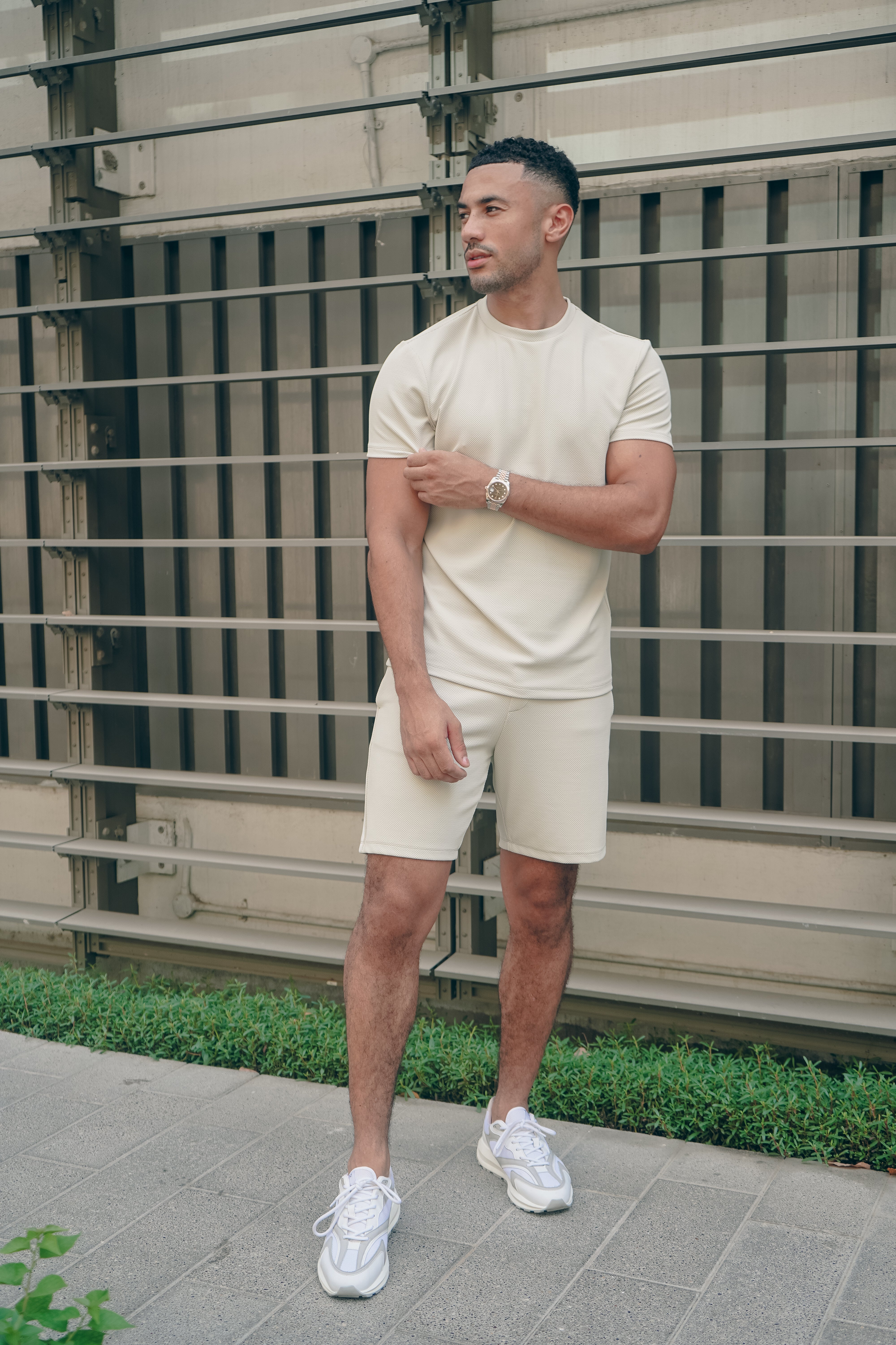 Model view CAPO Textured Tape Light Beige Shorts