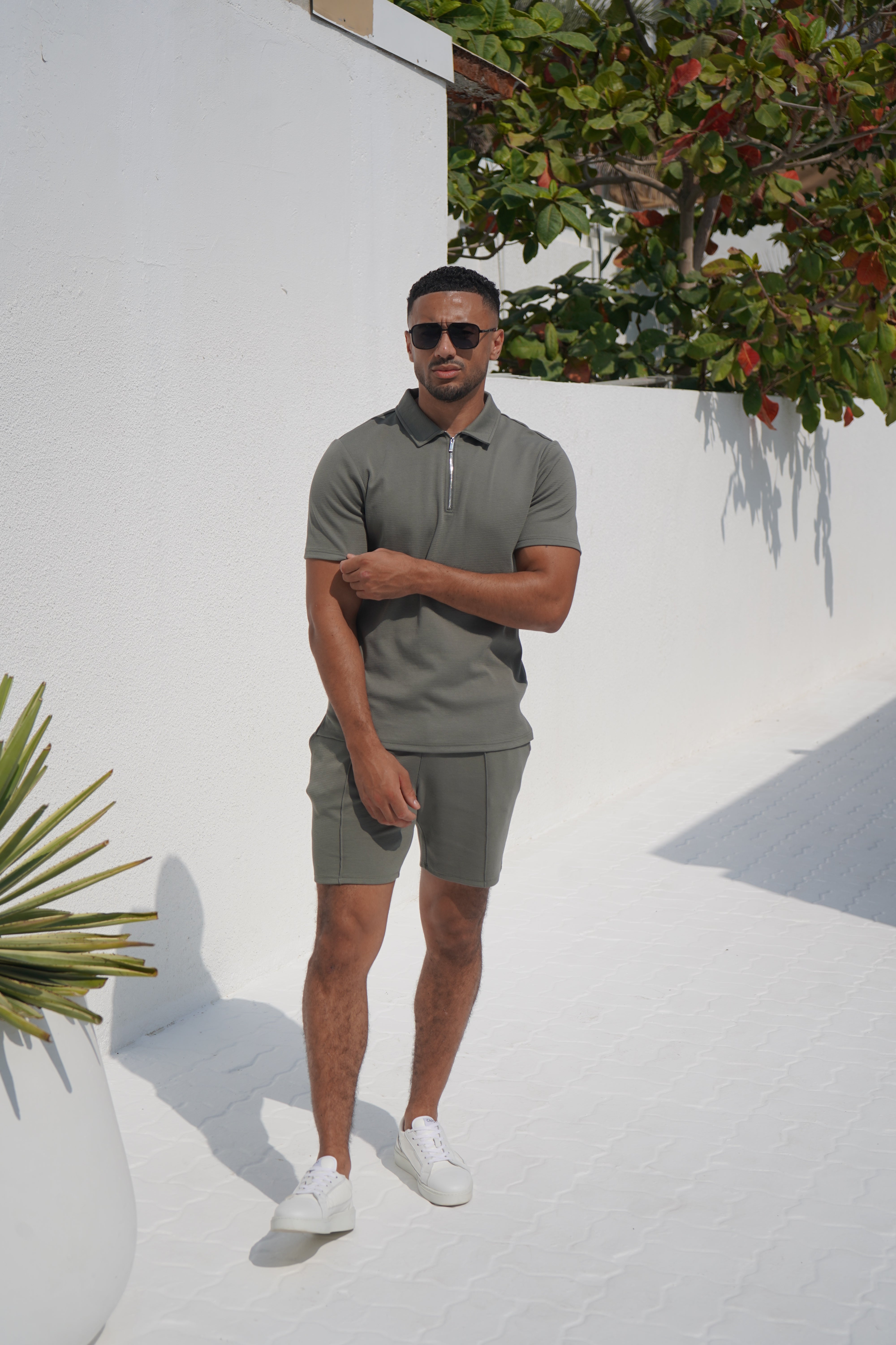 Model view of textured Light Olive Shorts