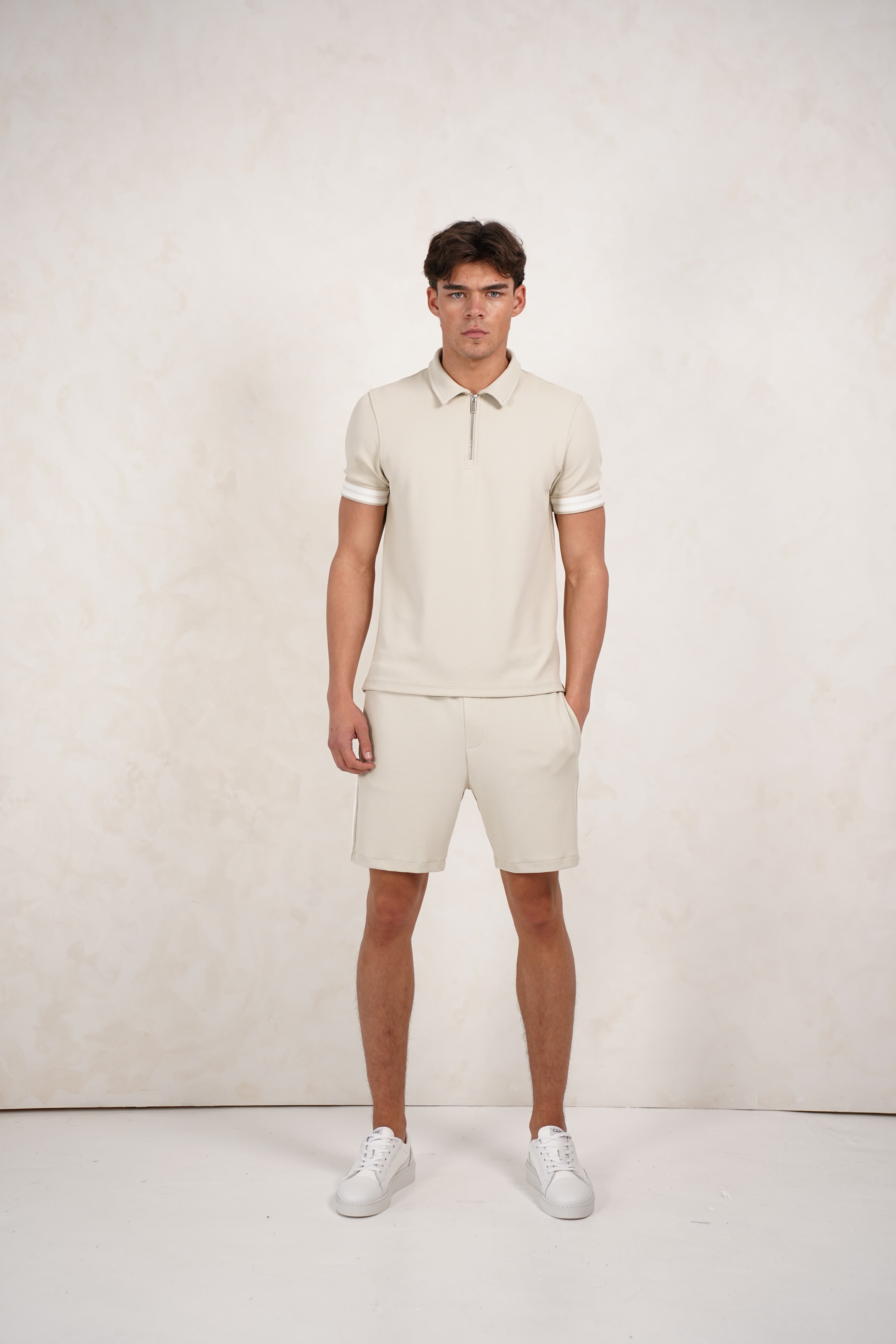 Model view CAPO Textured Tape Light Beige Shorts