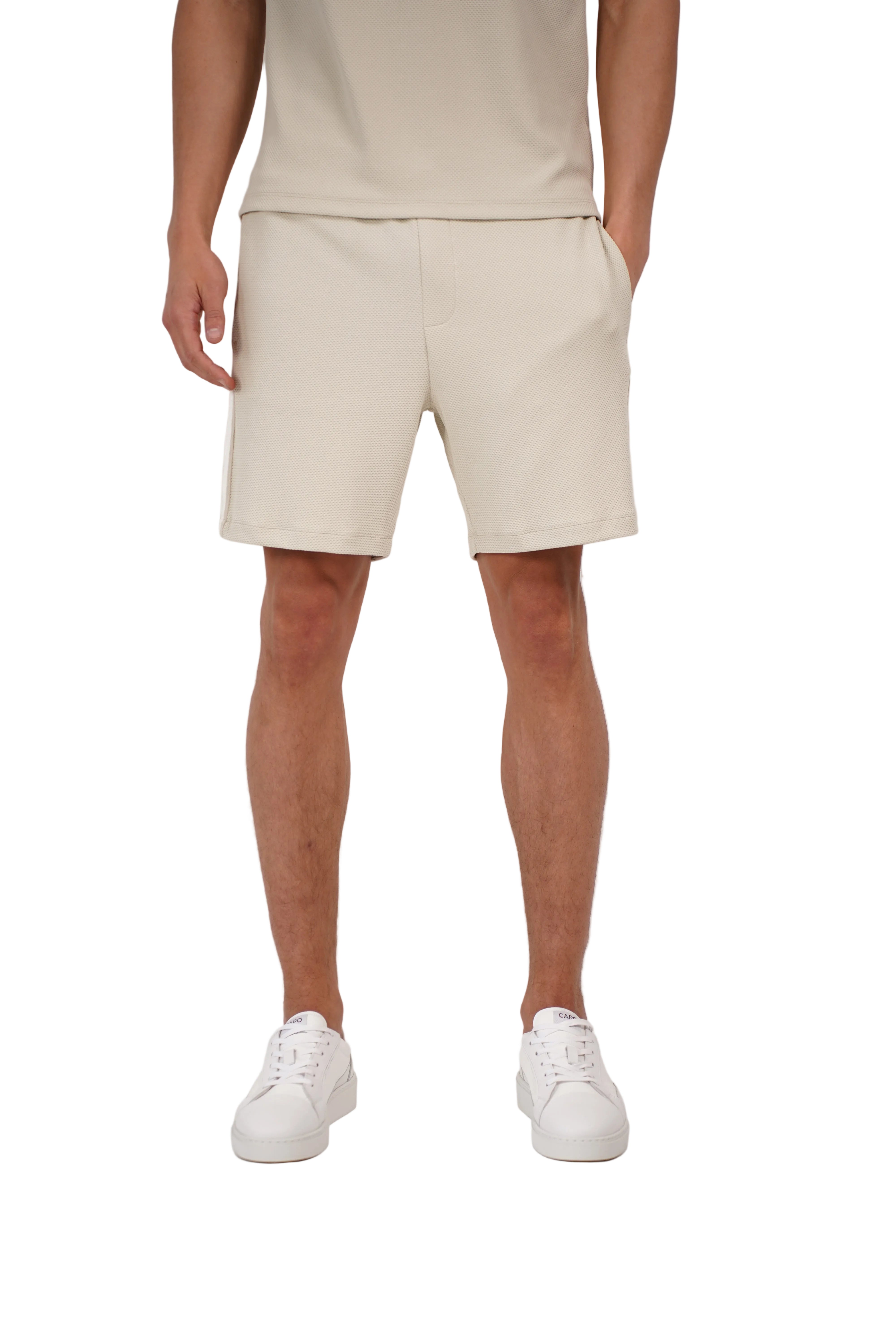 Front view CAPO Textured Tape Light Beige Shorts