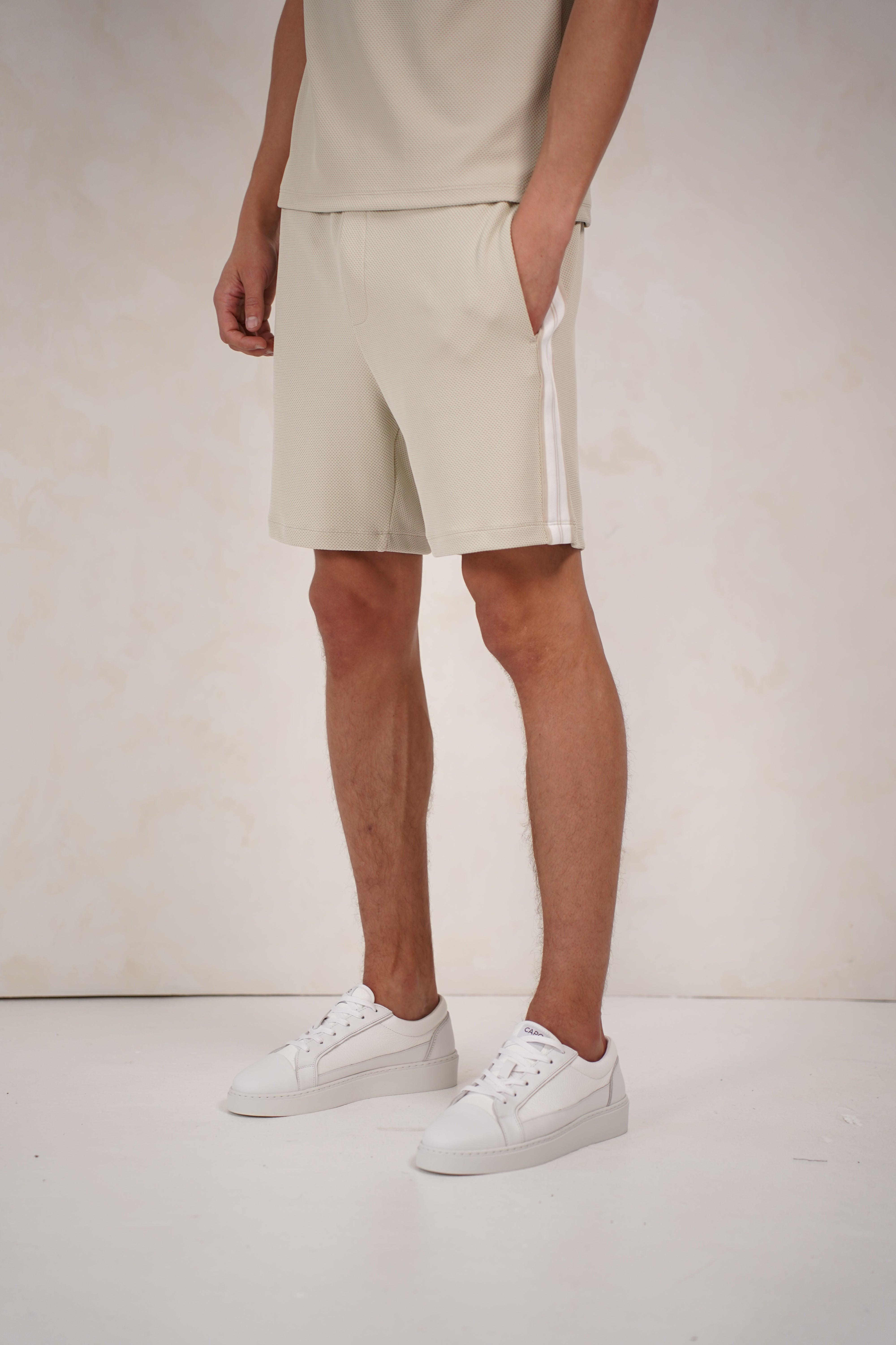 Side view CAPO Textured Tape Light Beige Shorts