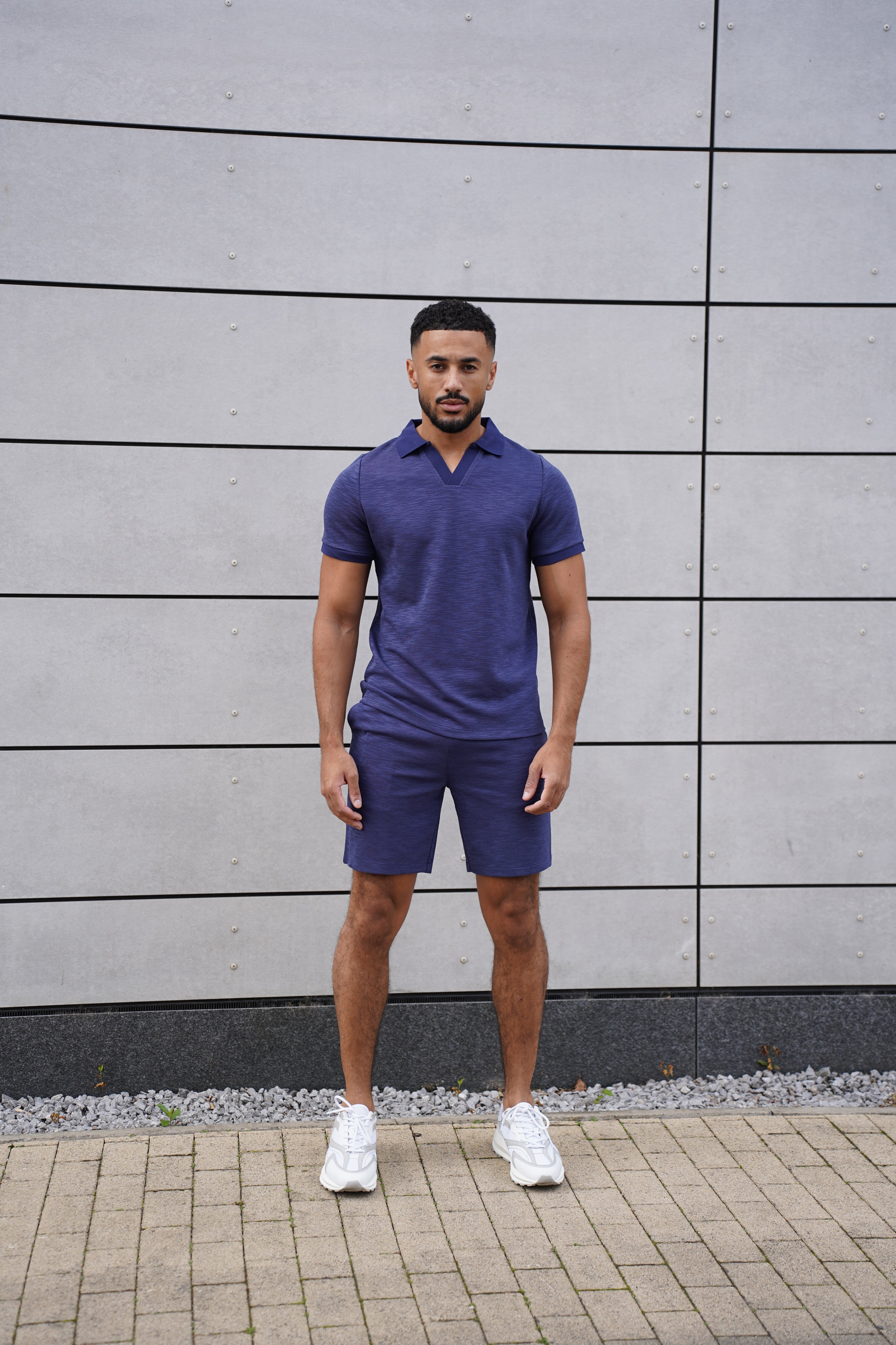 Model view of CAPO Jersey Slub Navy Shorts