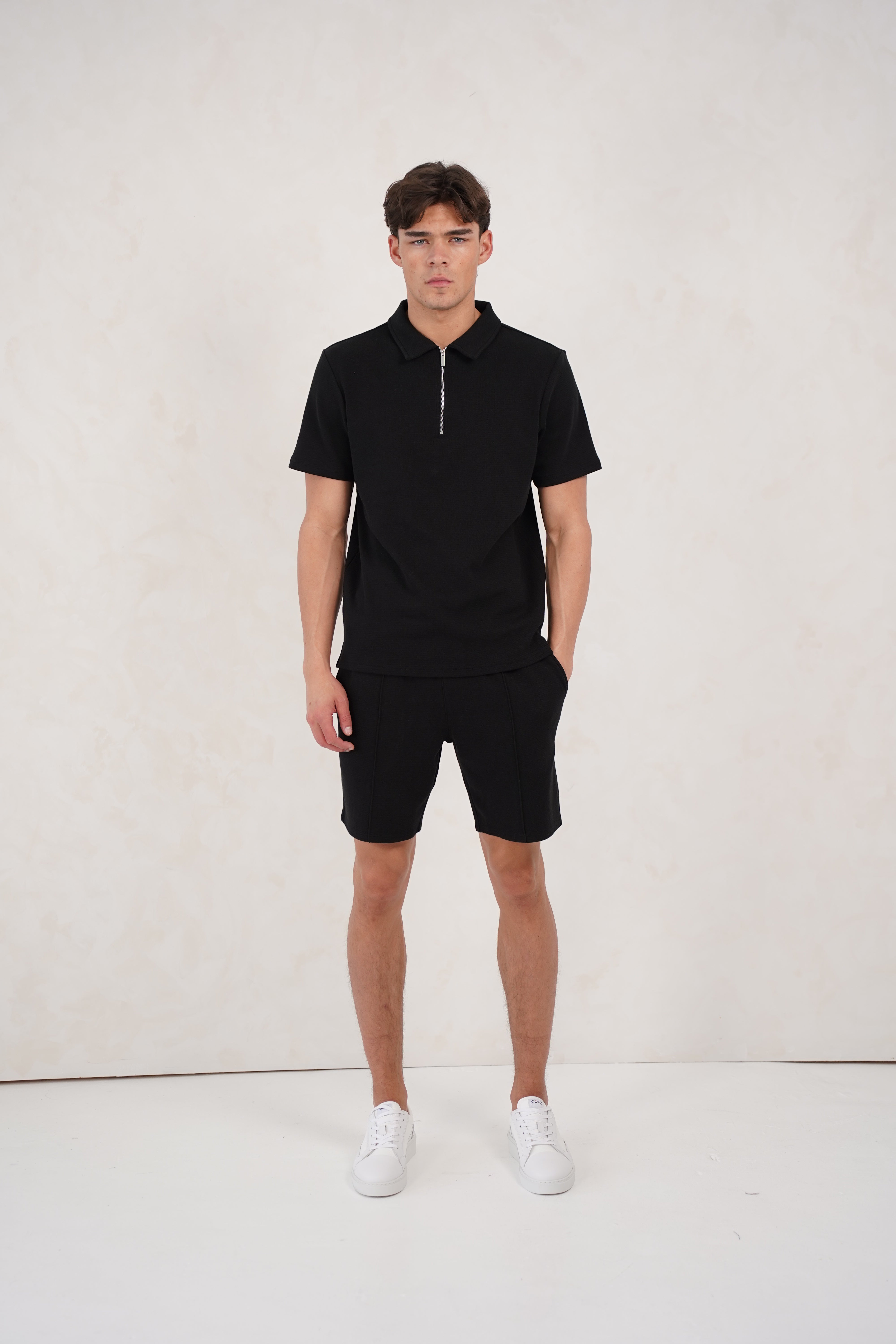 CAPO Textured Black Zip-Up Polo Shirt