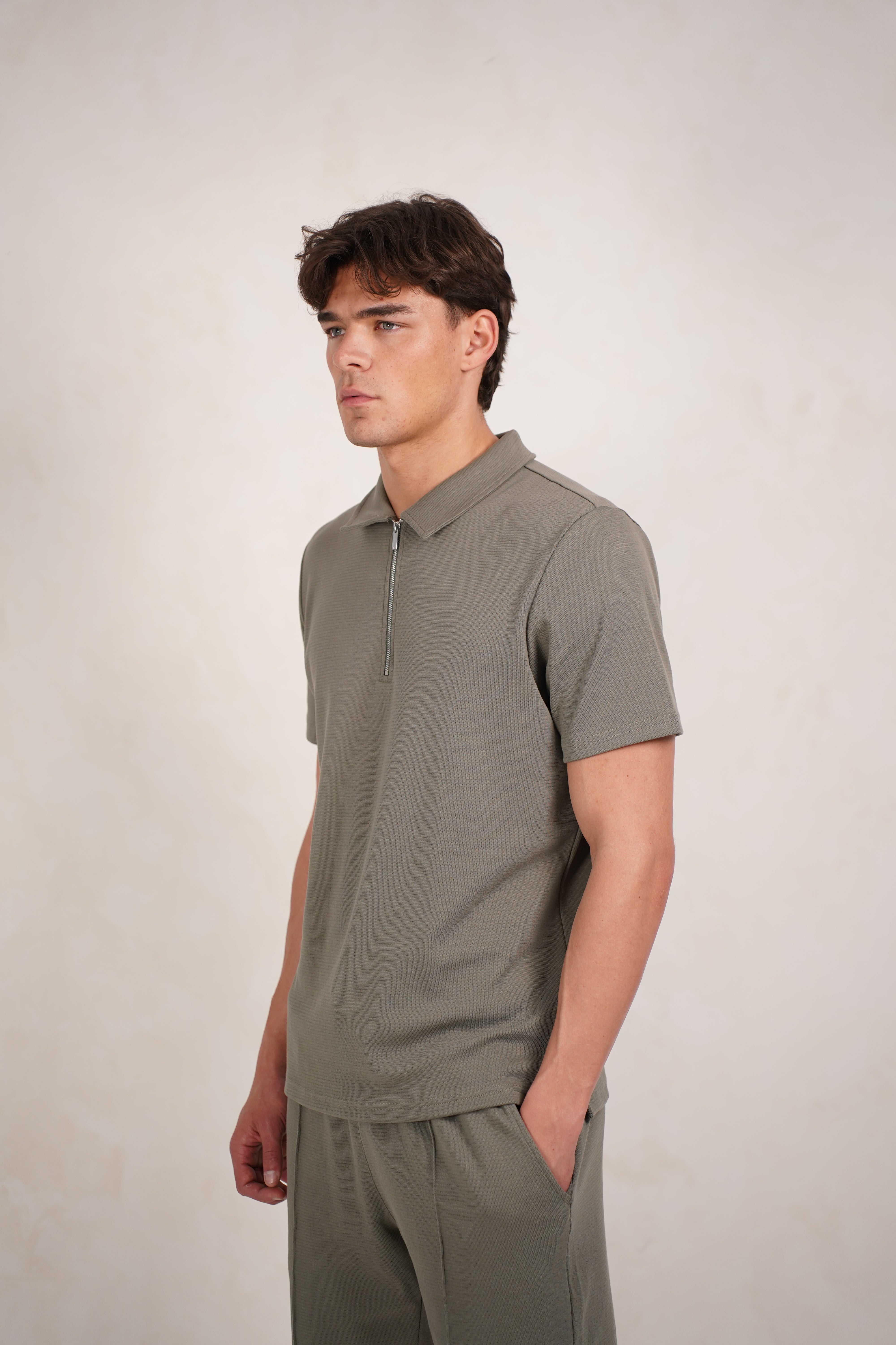 CAPO Textured Light Olive Polo Zip-Up Shirt