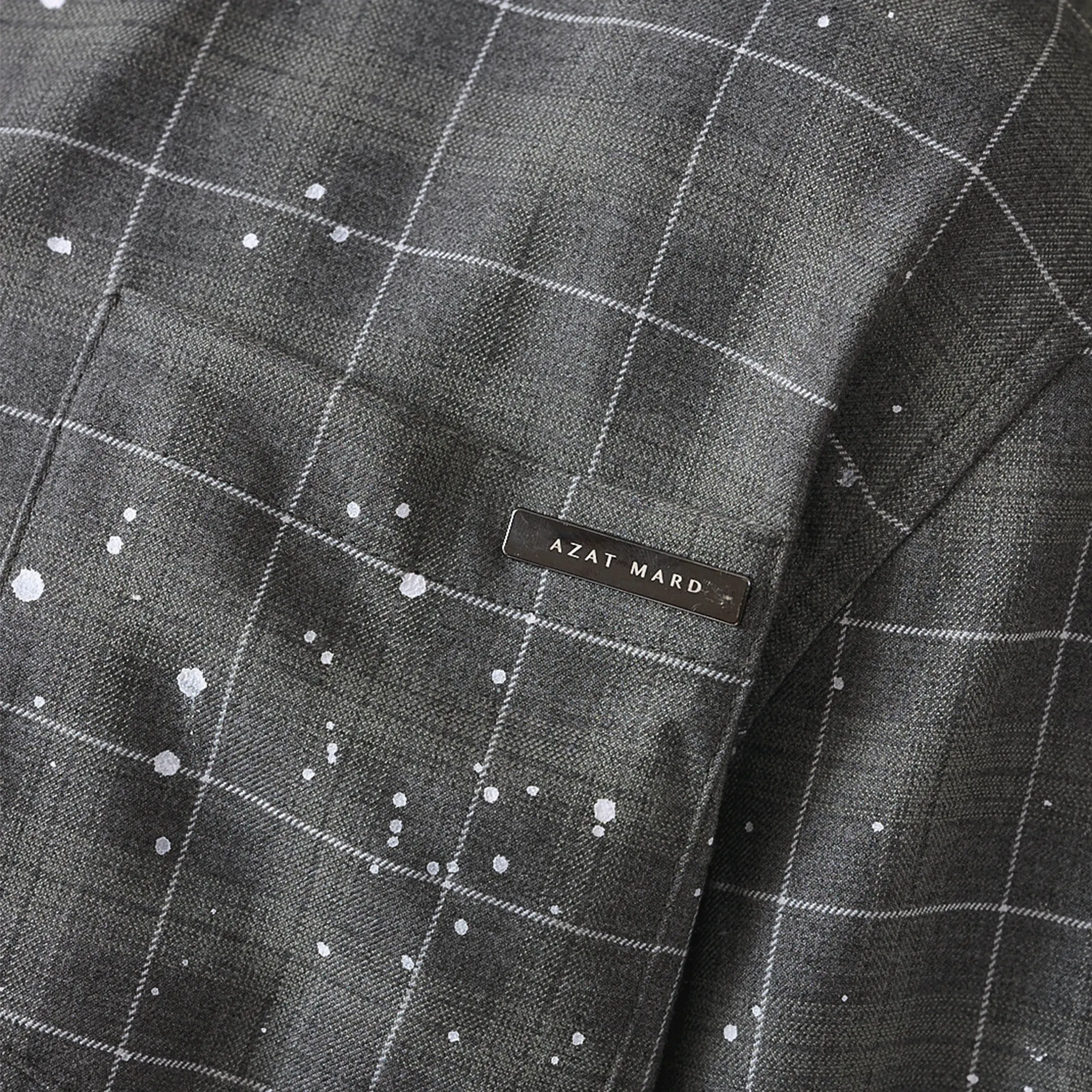 Model pocket view of Azat Mard Grey Star Check Shirt AW21101