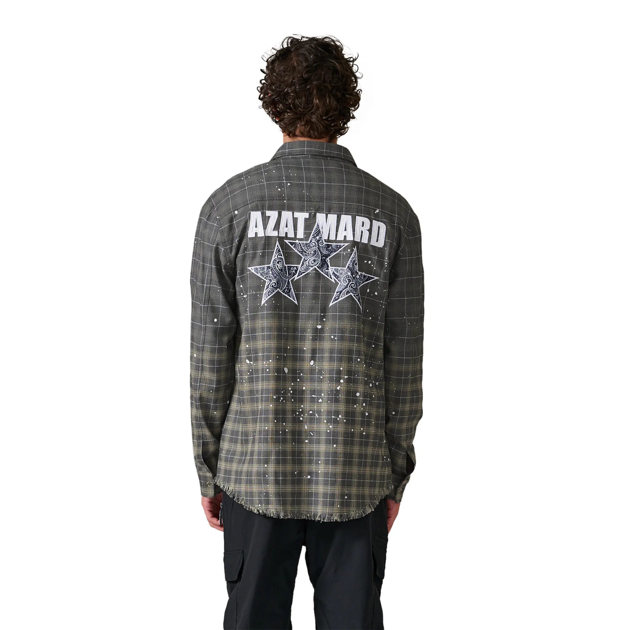 Model back view of Azat Mard Grey Star Check Shirt AW21101