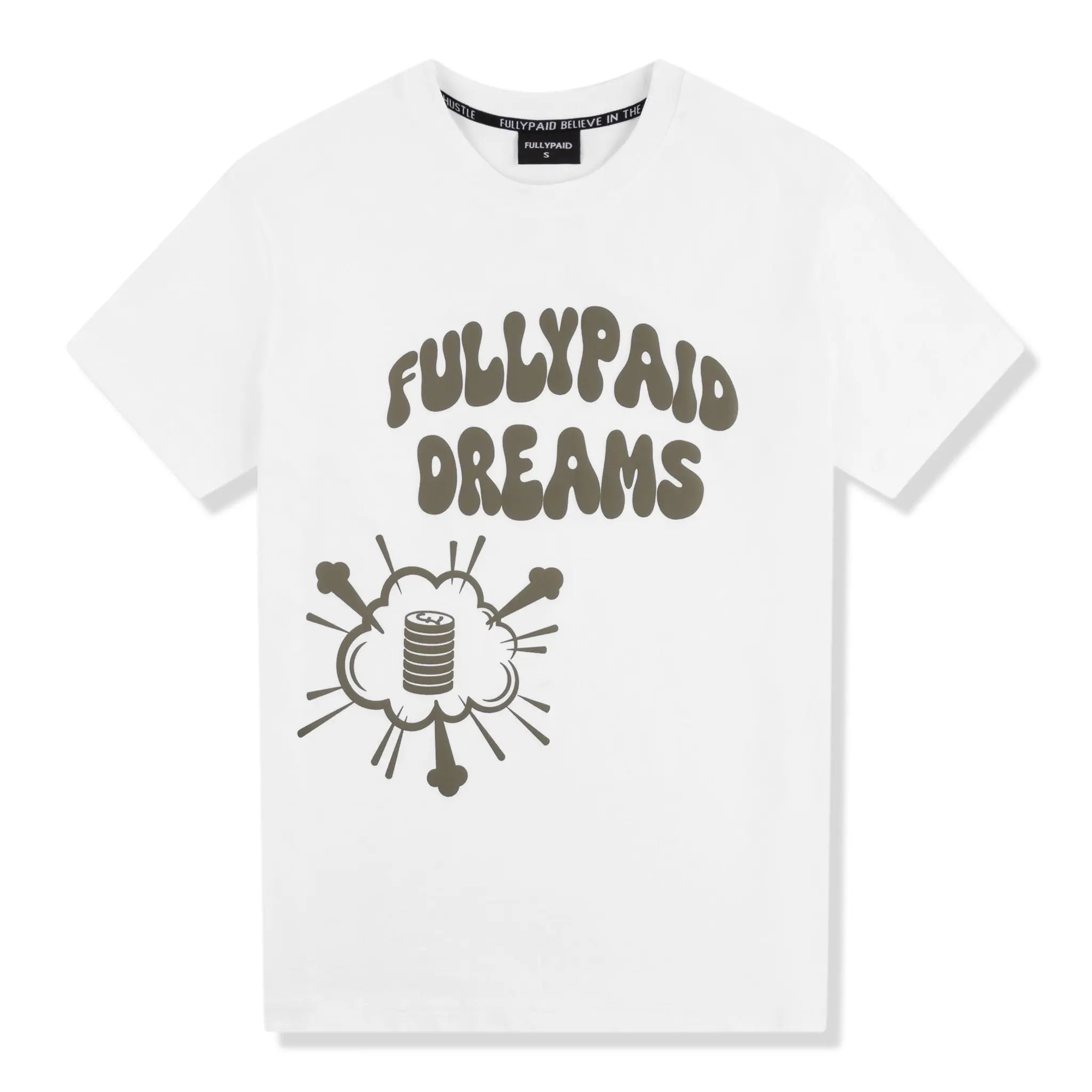 Front view of Fully Paid Dreams White Khaki Oversized T Shirt