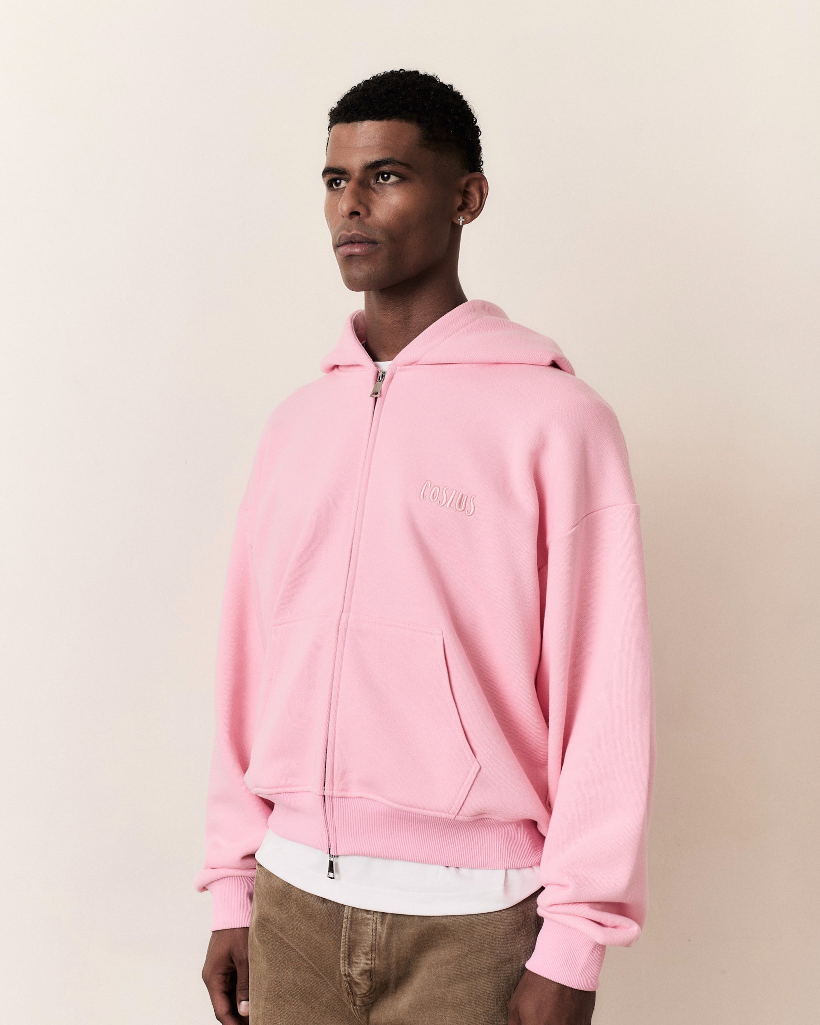Coszus Embroidered Pink Zip-Up Hoodie