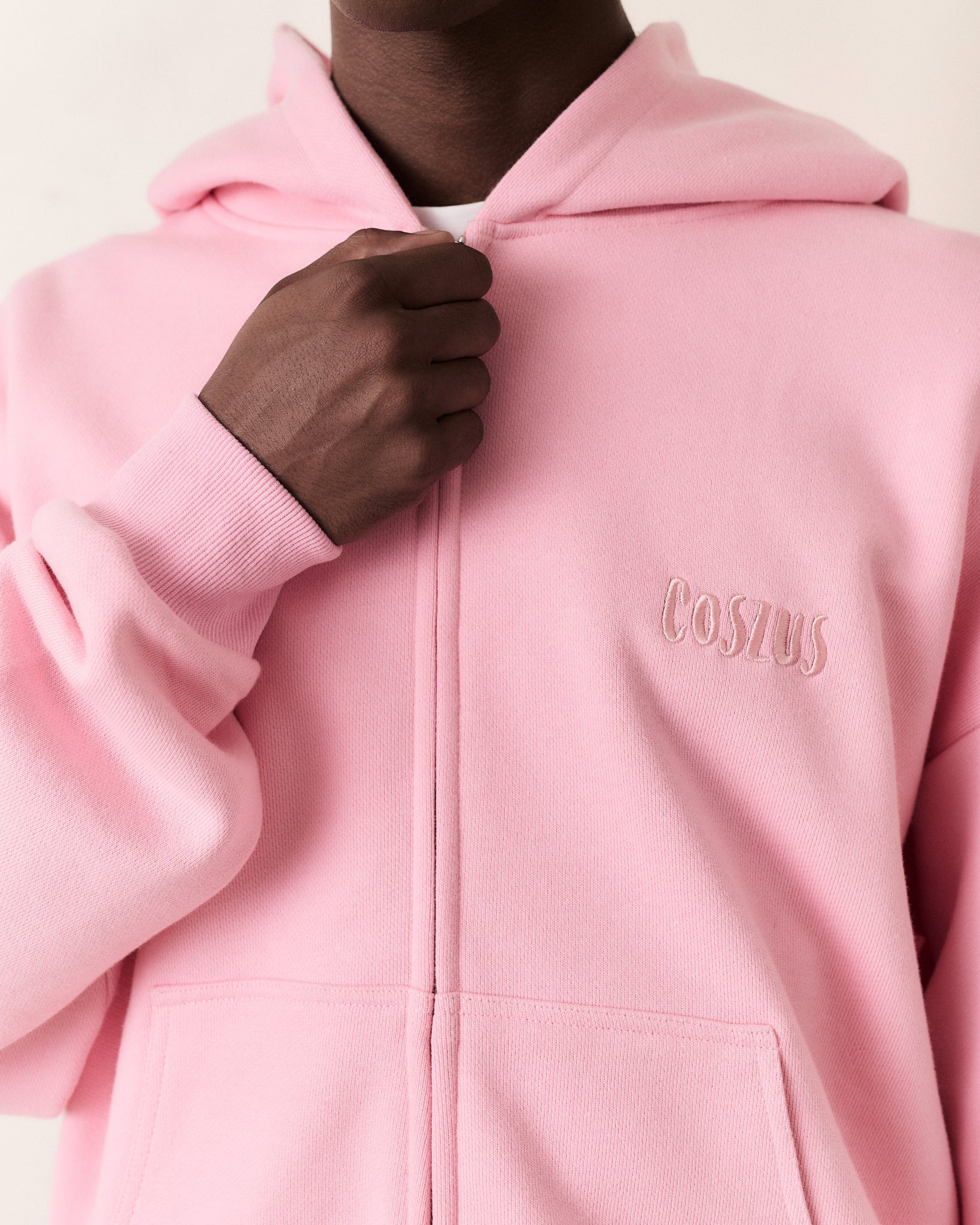Coszus Embroidered Pink Zip-Up Hoodie