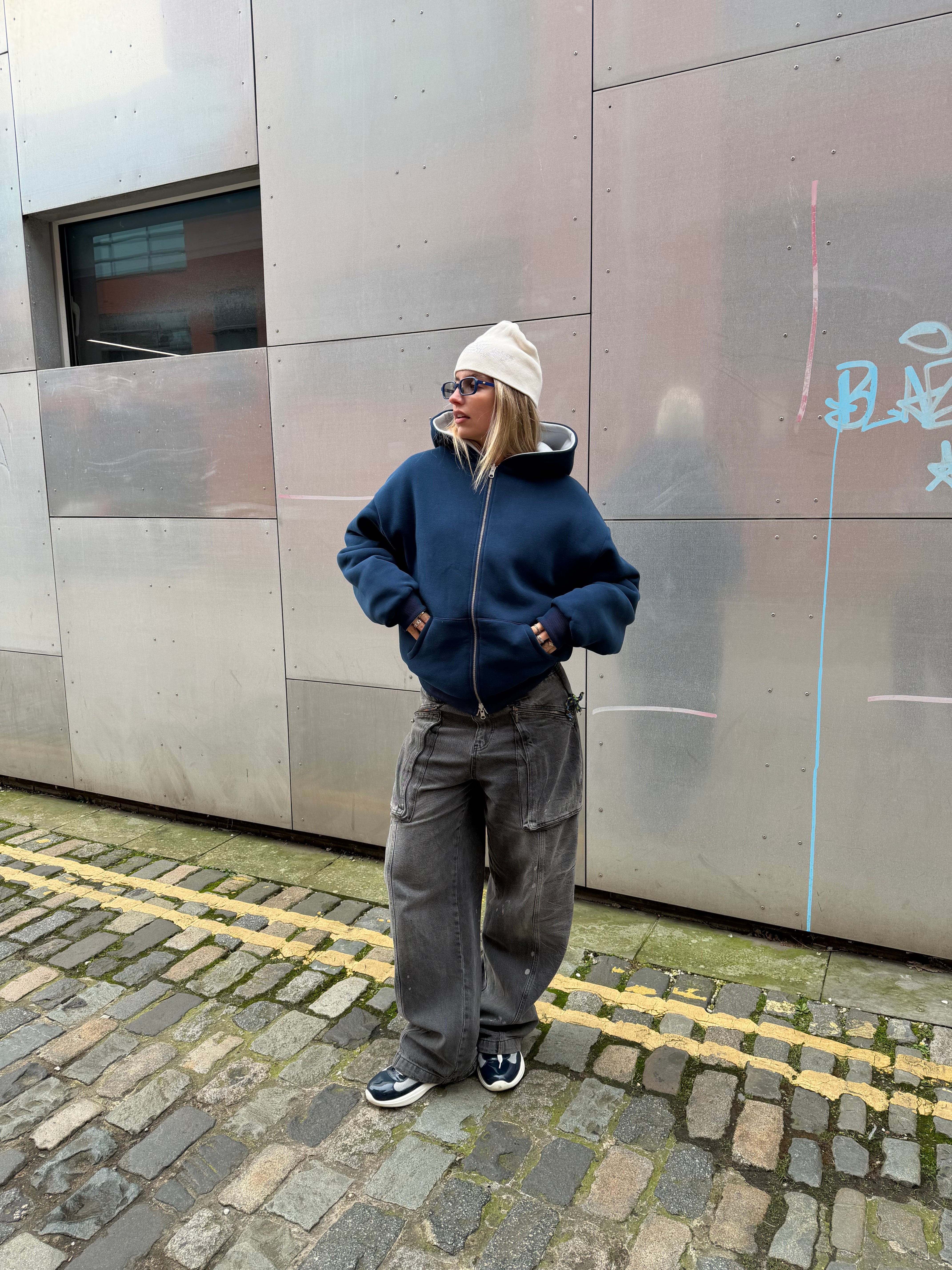 Model view of Kaizen Market Reversible Navy & Stone Zip-Up Hoodie