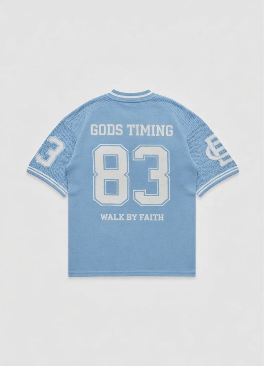 Back view of Benir Clothing God's Timing 83 Knit Light Blue T-shirts