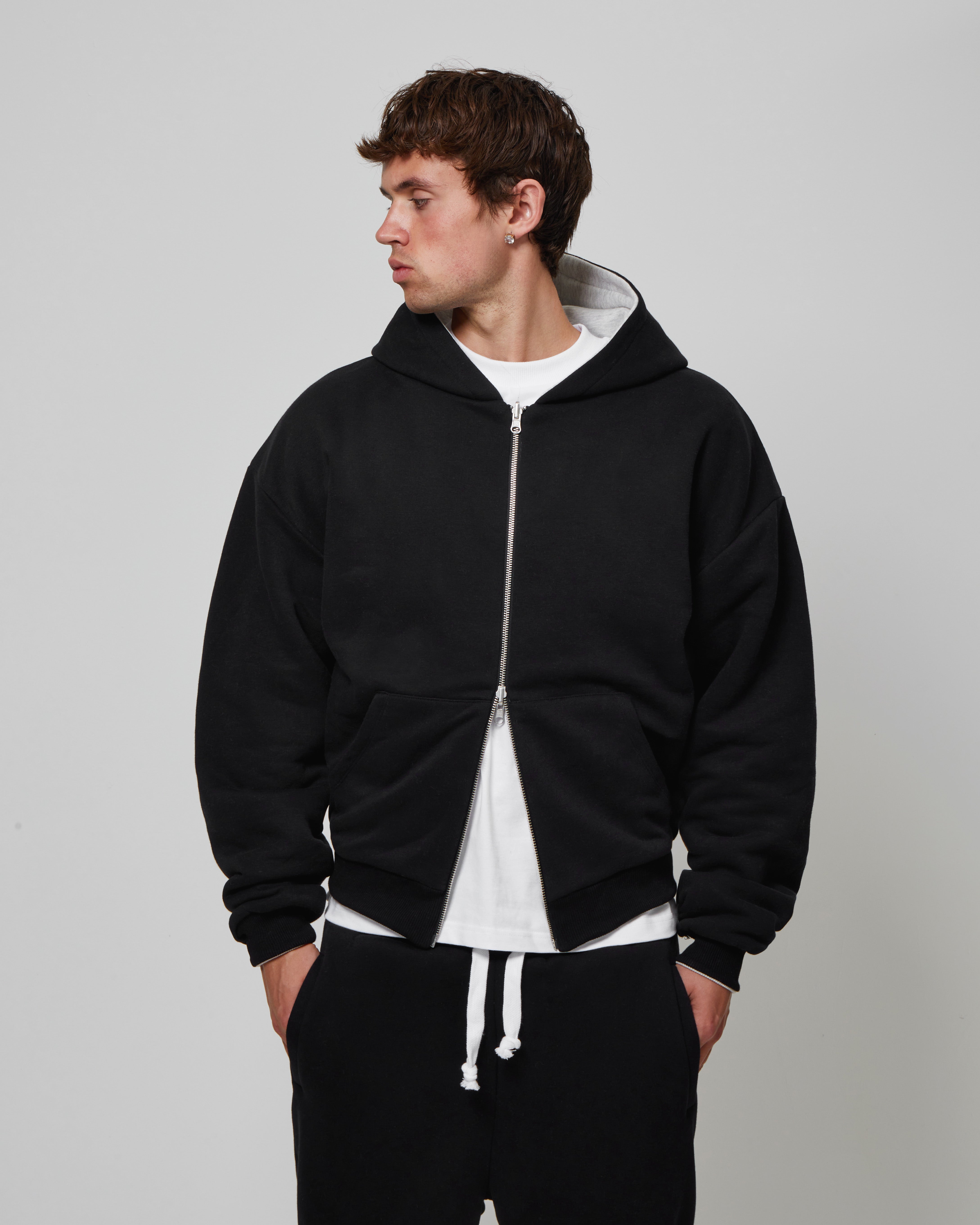 Model view of Kaizen Market Reversible ZIP Grey Black Hoodie