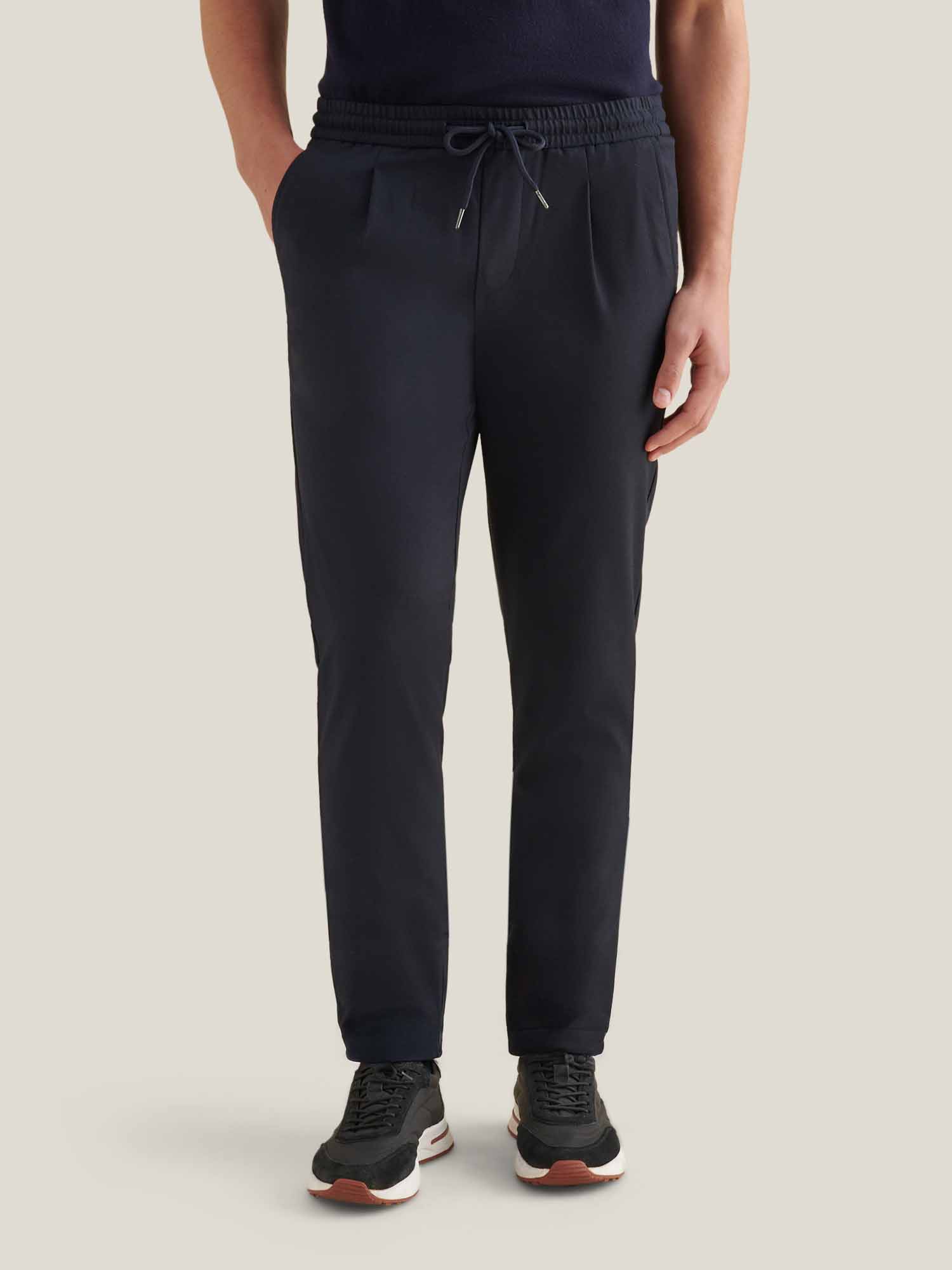 Peckham Rye Single Pleat Drawstring Navy Blue Trousers