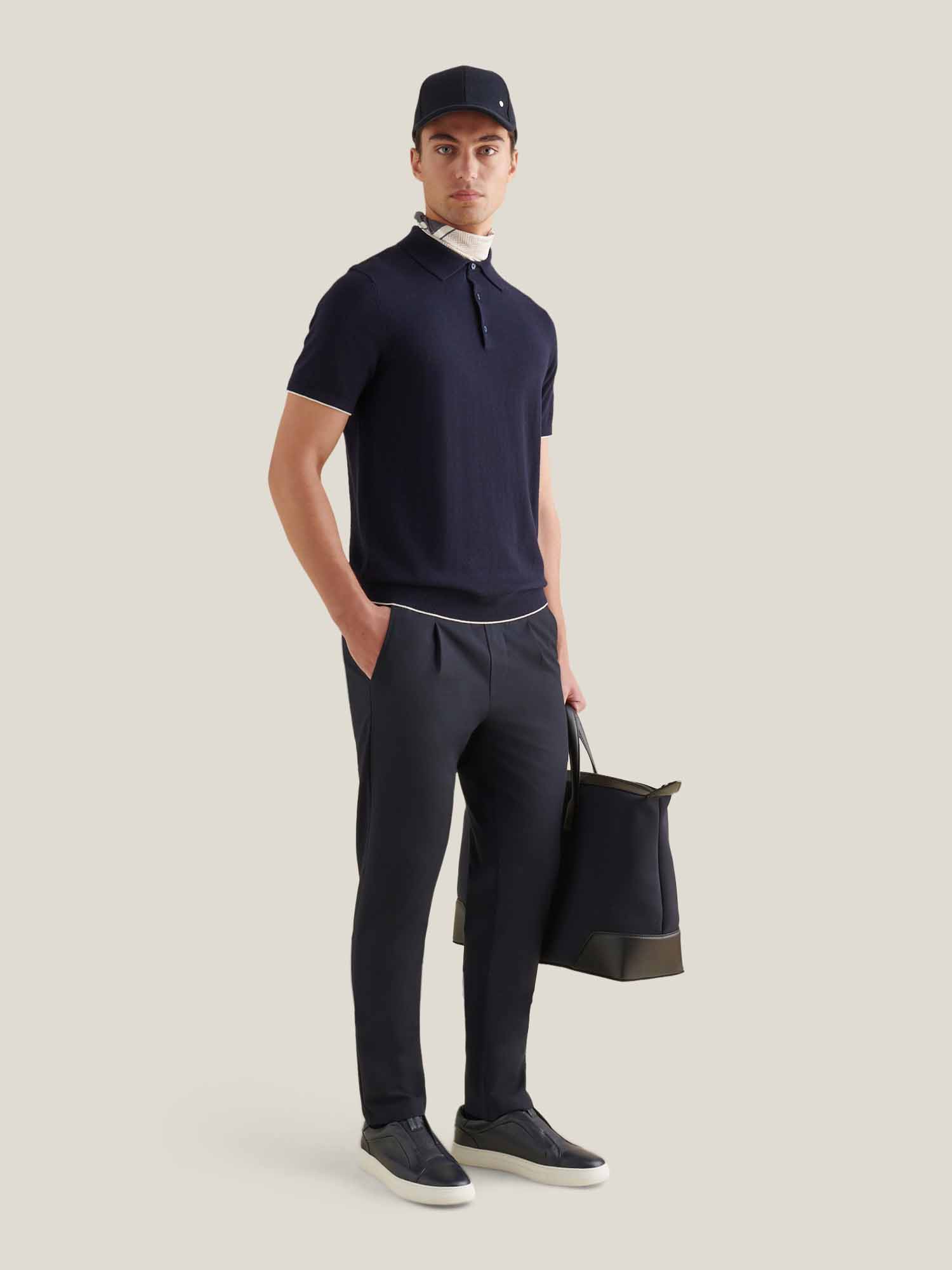 Peckham Rye Single Pleat Drawstring Navy Blue Trousers
