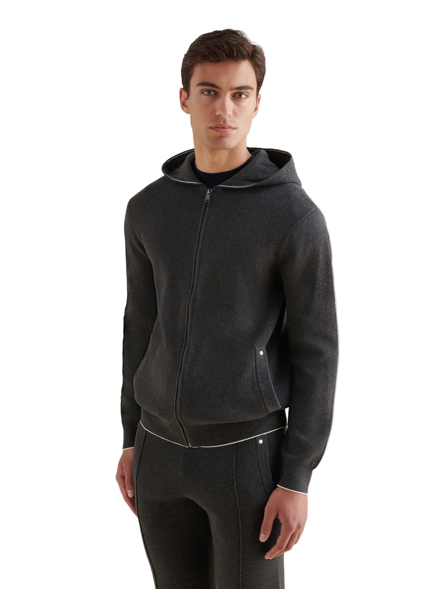 Front View of Peckham Rye Milano Knit Charcoal Grey Zip-Up Hoodie