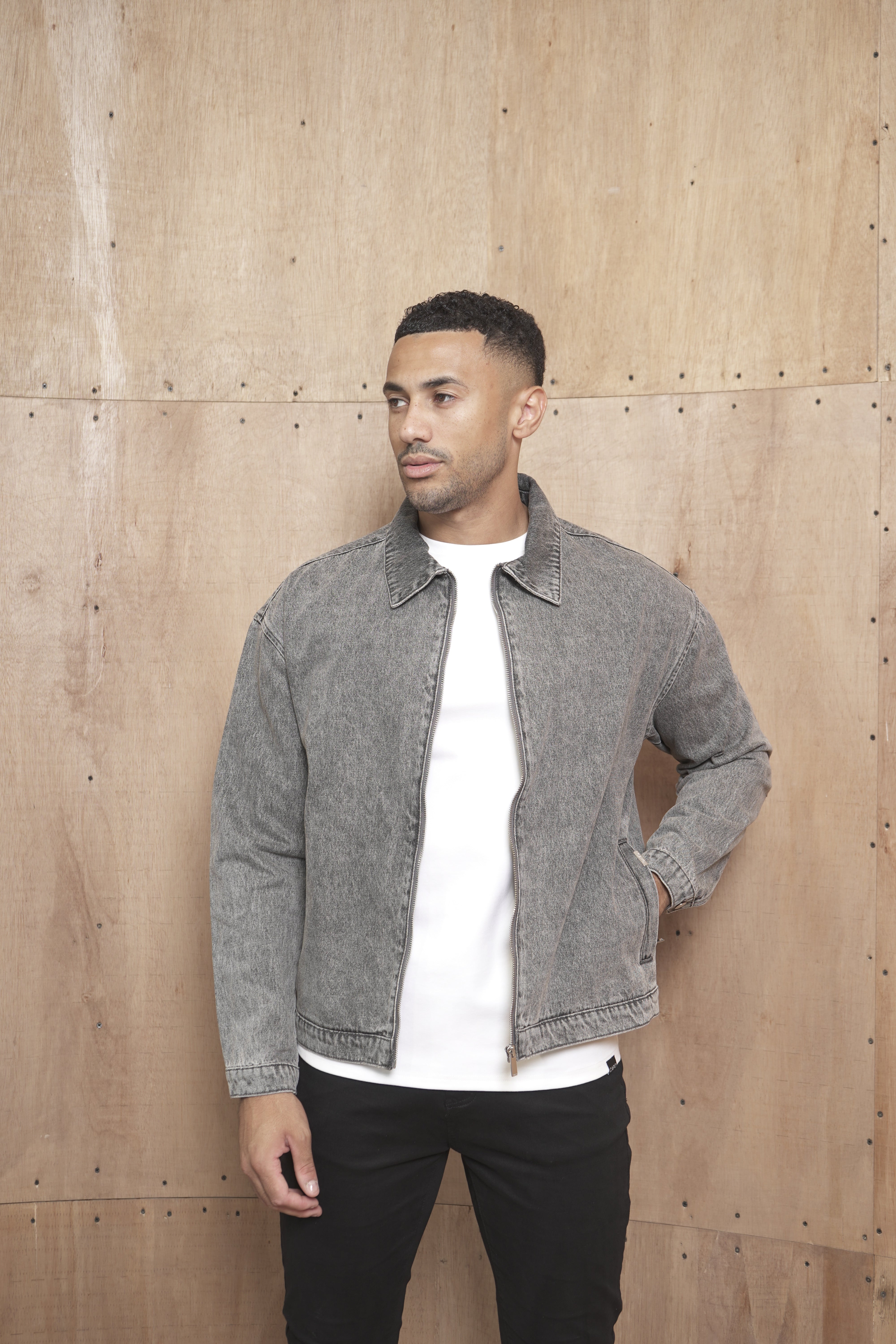 CAPO Washed Black Zip-Up Denim Jacket