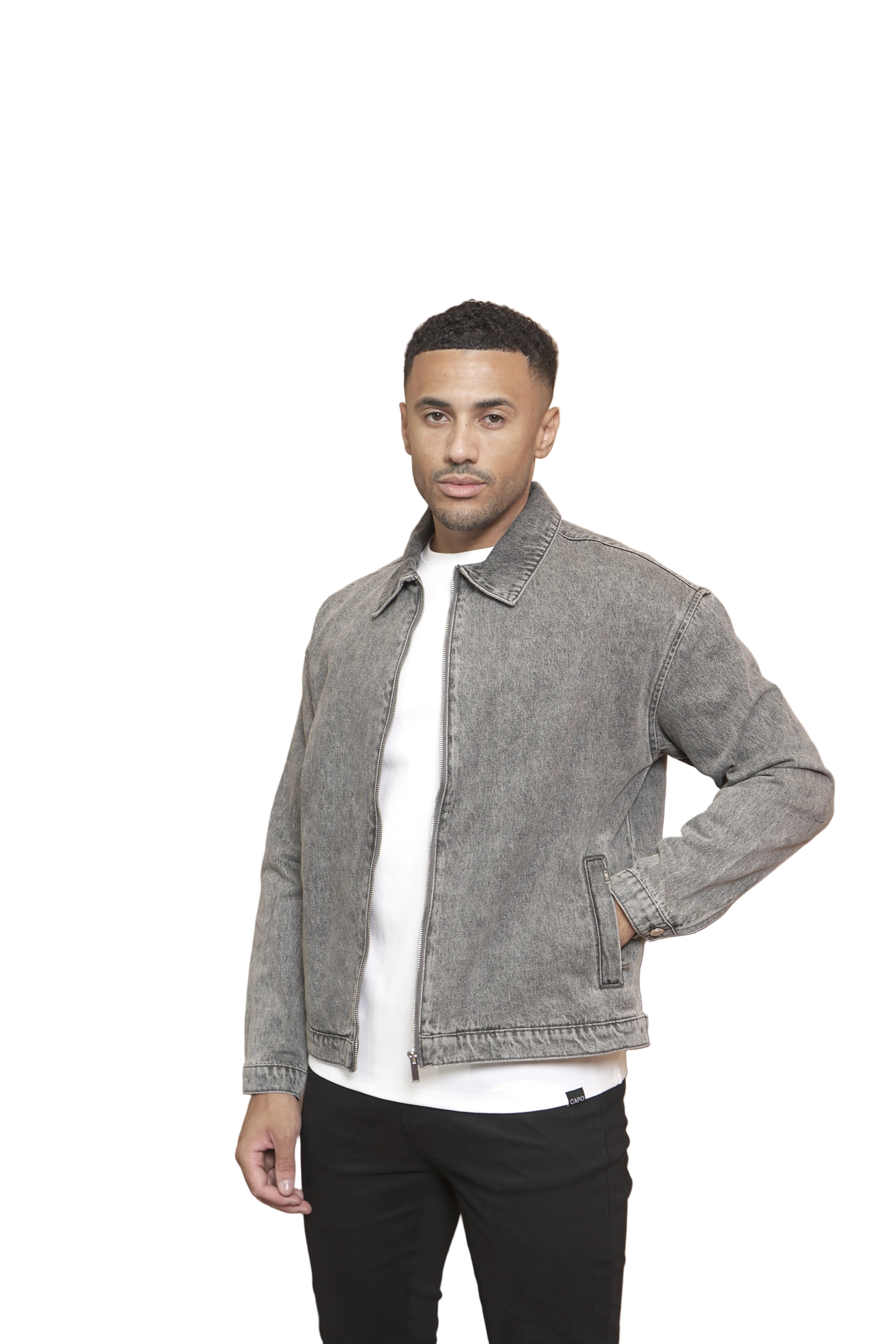 CAPO Washed Black Zip-Up Denim Jacket