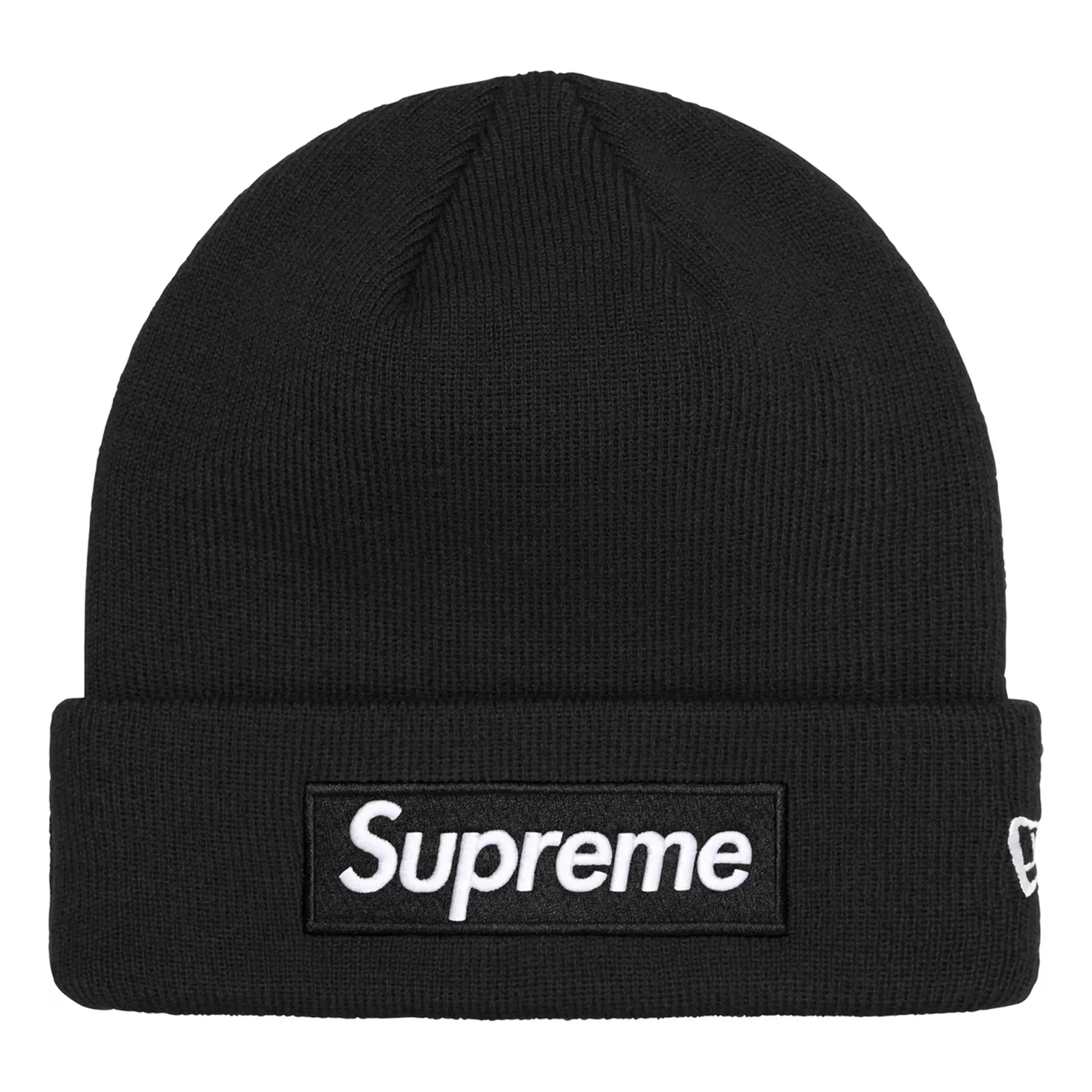 Front view of Supreme New Era Box Logo Beanie Black (FW24)