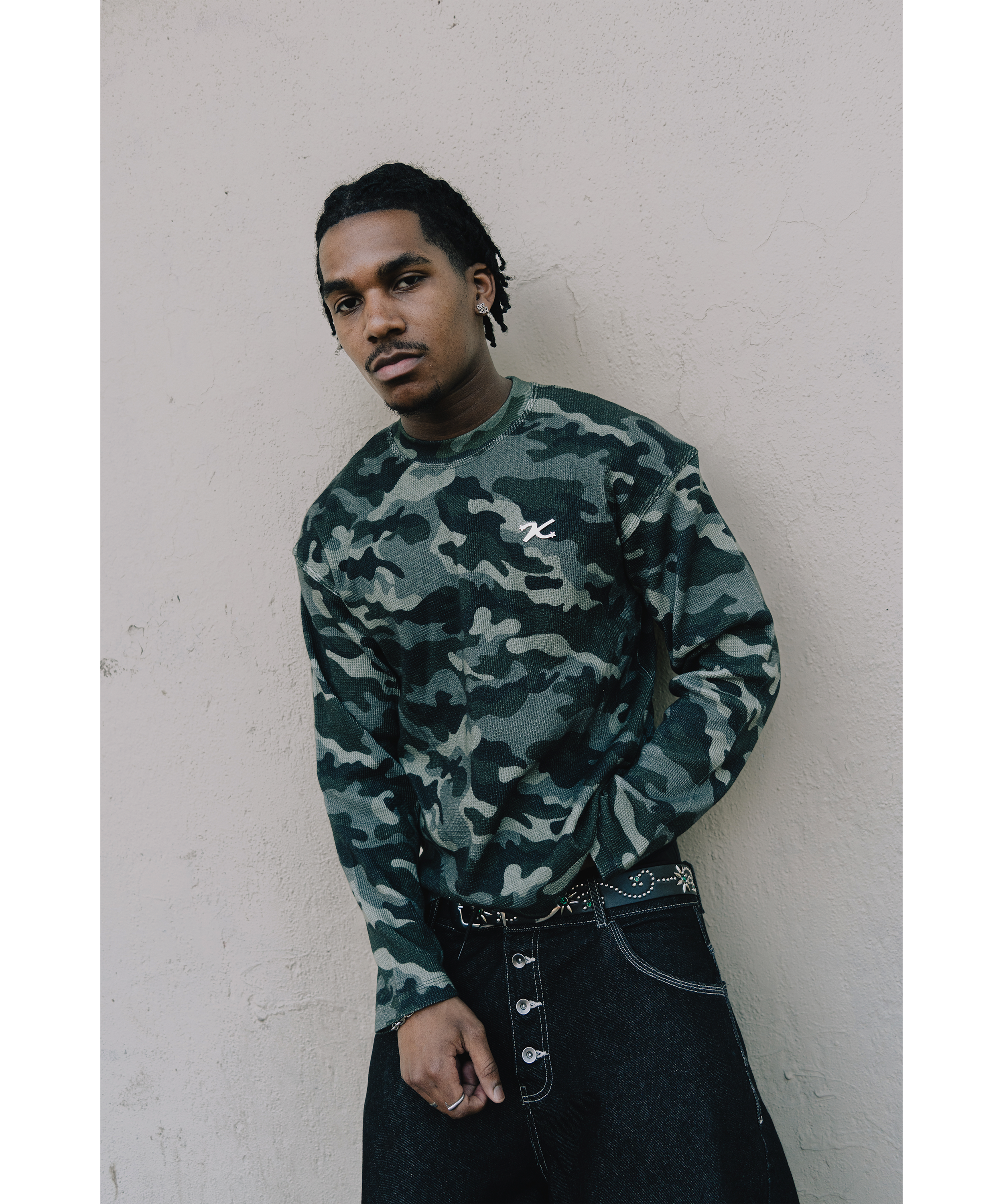 Model view of Kaizen Market Waffle Camo L/S T-shirt