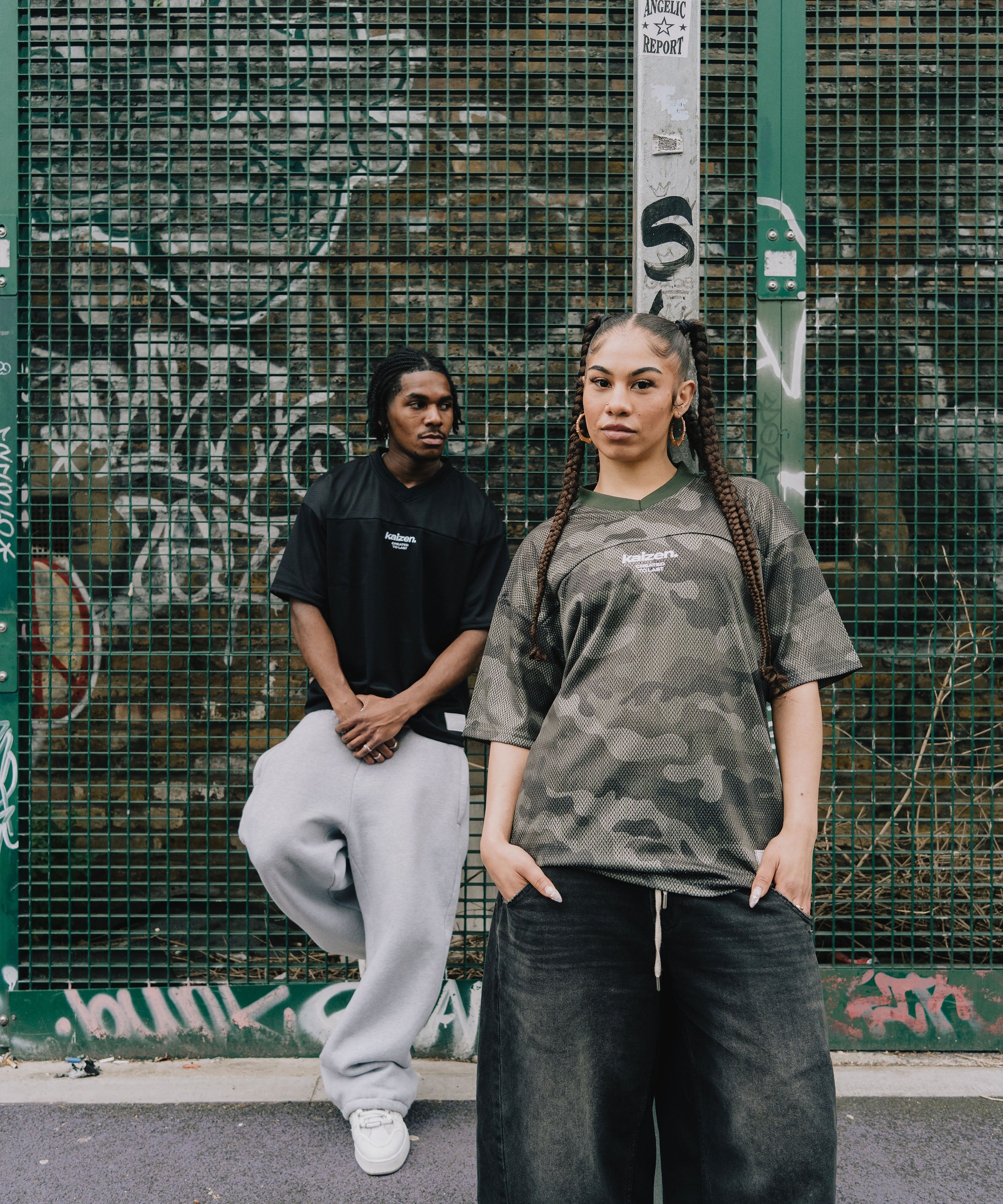 Model view of Kaizen Market Camo Mesh Olive T-shirts