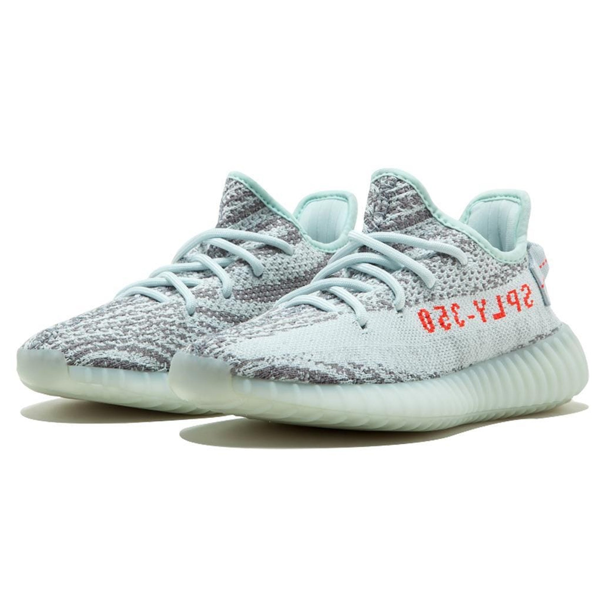 Front side view of Adidas Yeezy Boost 350 V2 Blue Tint B37571