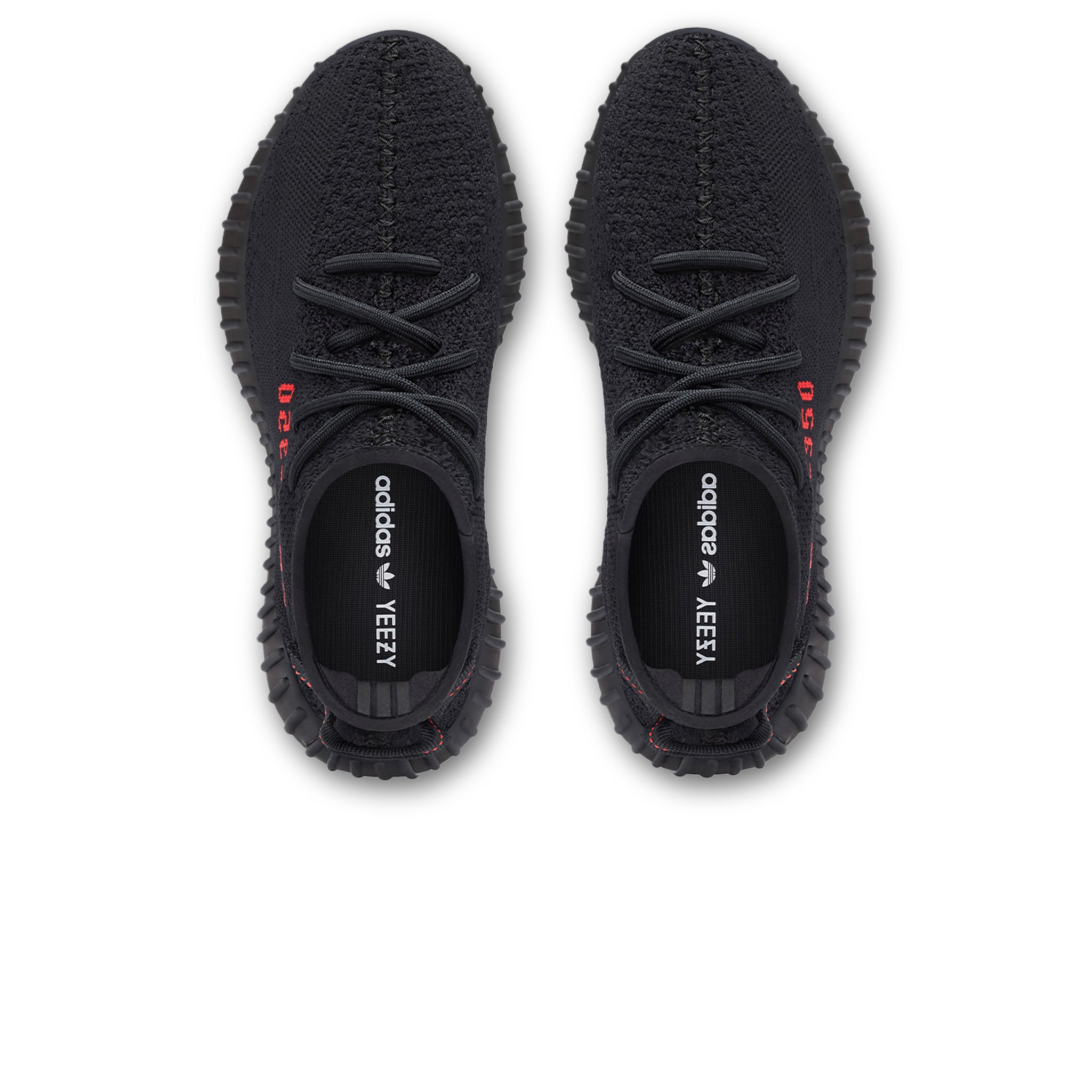 Top down view of Adidas Yeezy Boost 350 V2 Bred Core Black Red CP9652