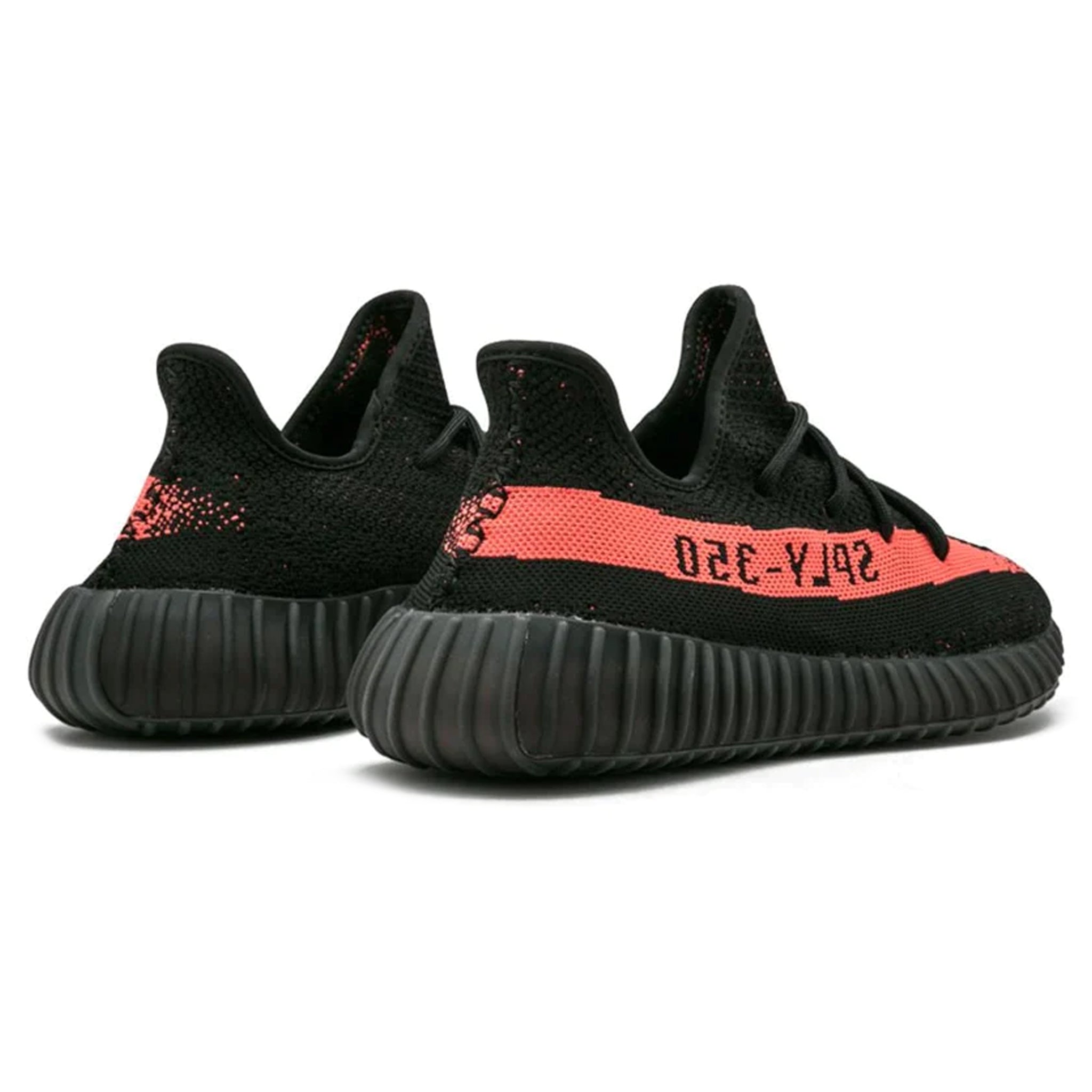 Heel view of Adidas Yeezy Boost 350 V2 Core Black Red BY9612