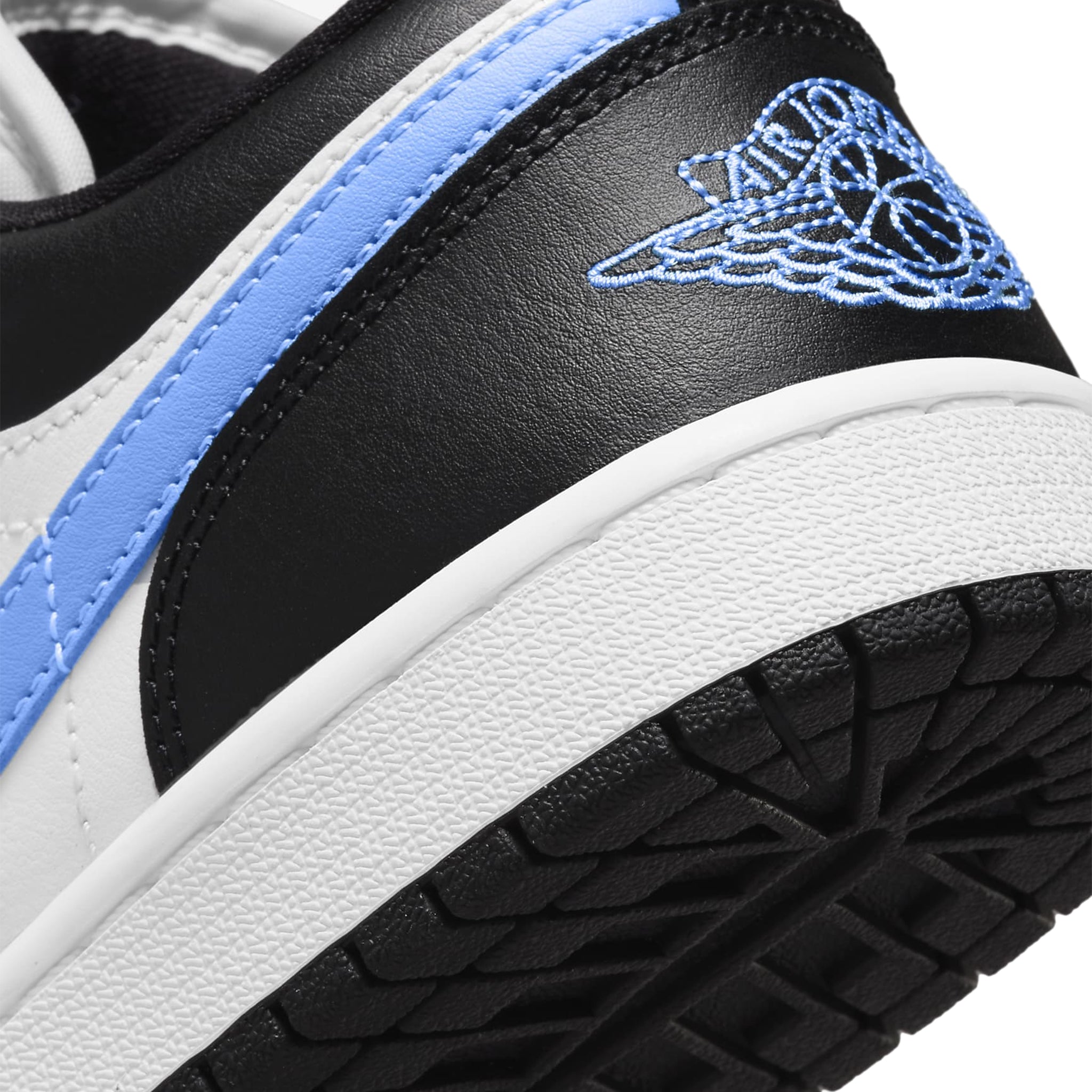 Logo view of Air Jordan 1 Low Black University Blue White (W) DC0774-041