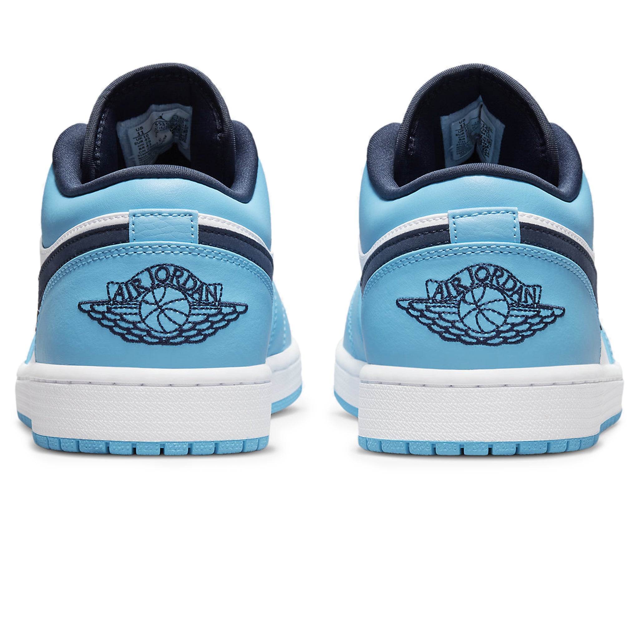 Heel view of Air Jordan 1 Low UNC University Blue Black 553558-144