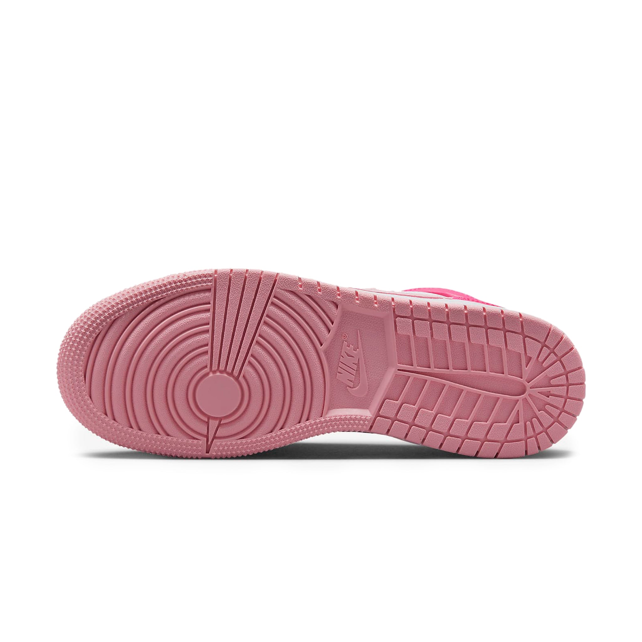 Sole view of Air Jordan 1 Mid Fierce Pink (GS) FD8780-116