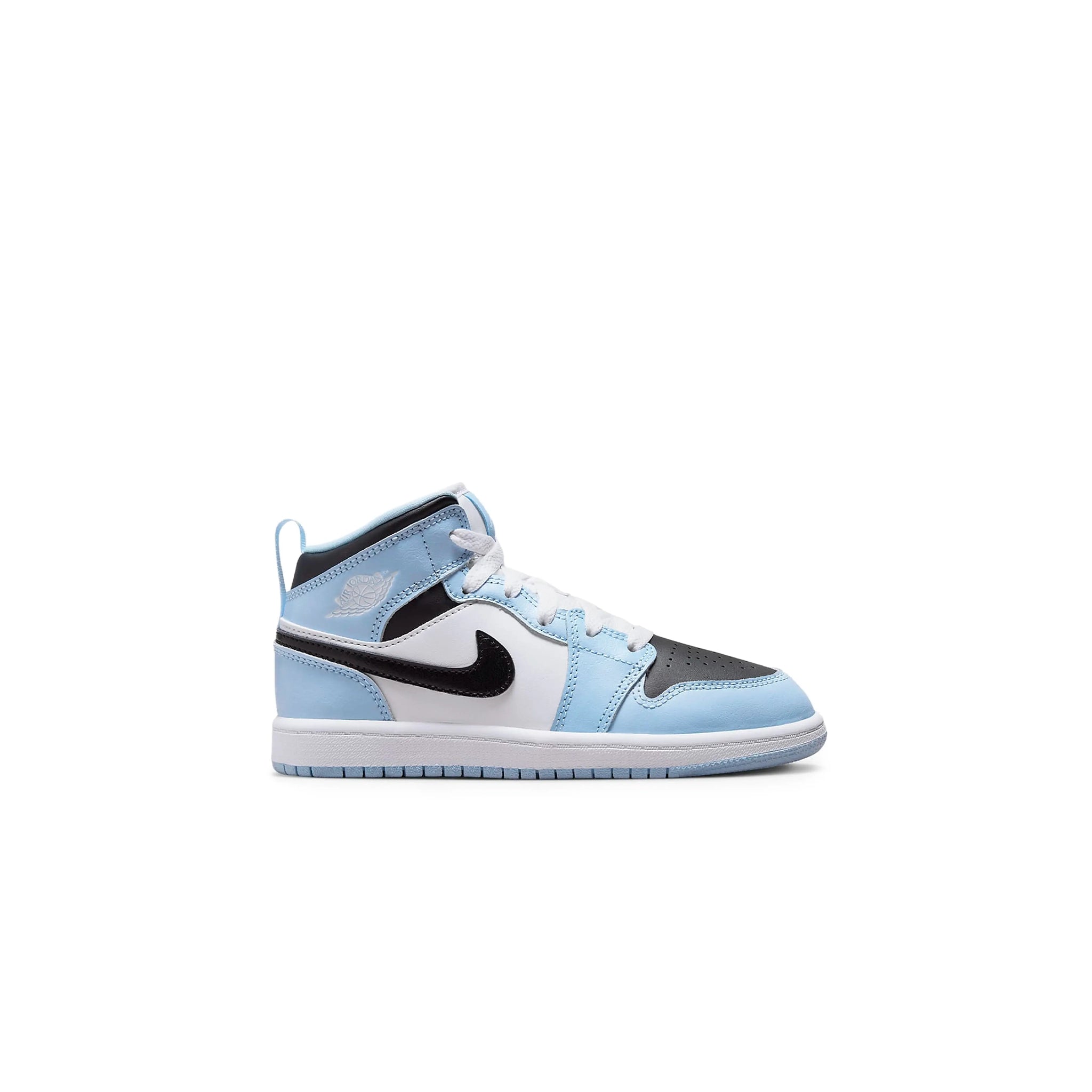 Side view of Air Wmns Air into jordan 1 Mid 'Wolf Grey Aluminum' BQ6472 105 Ice Blue (2022) (PS) 640737-401